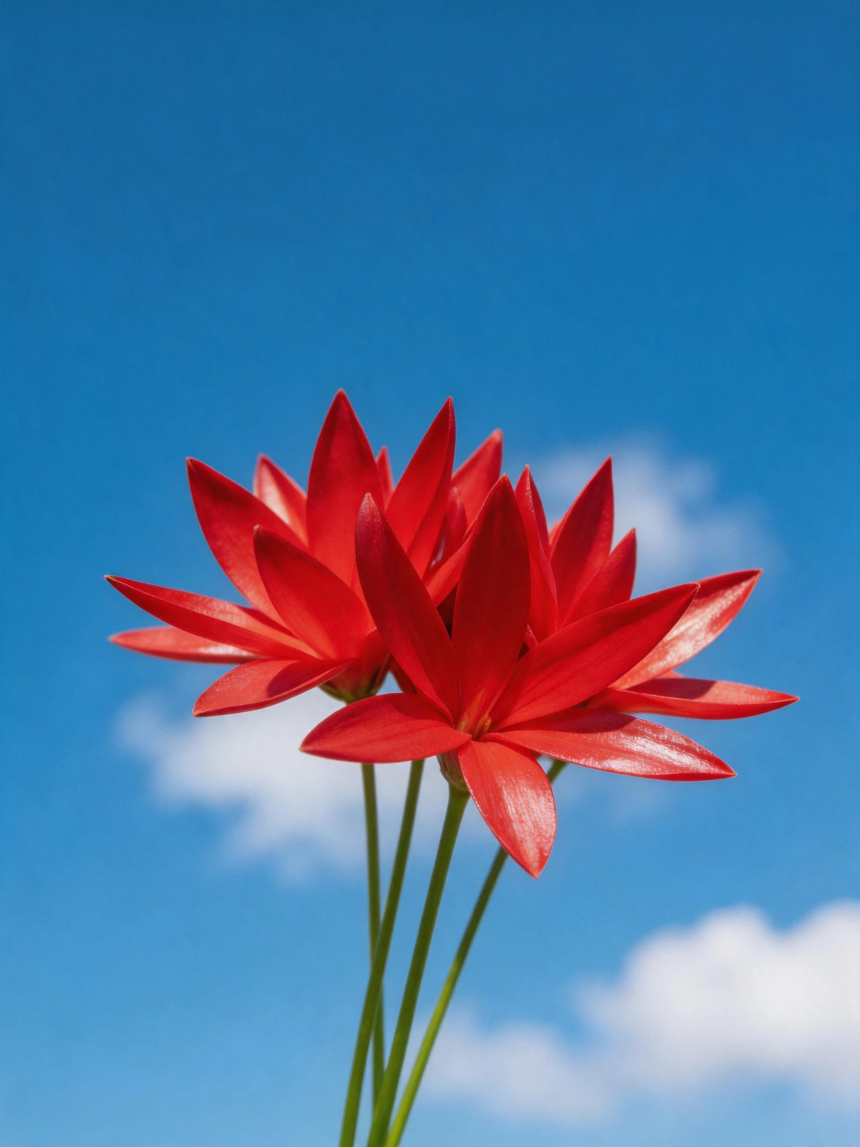 Vibrant red flowers blooming against a clear blue sky