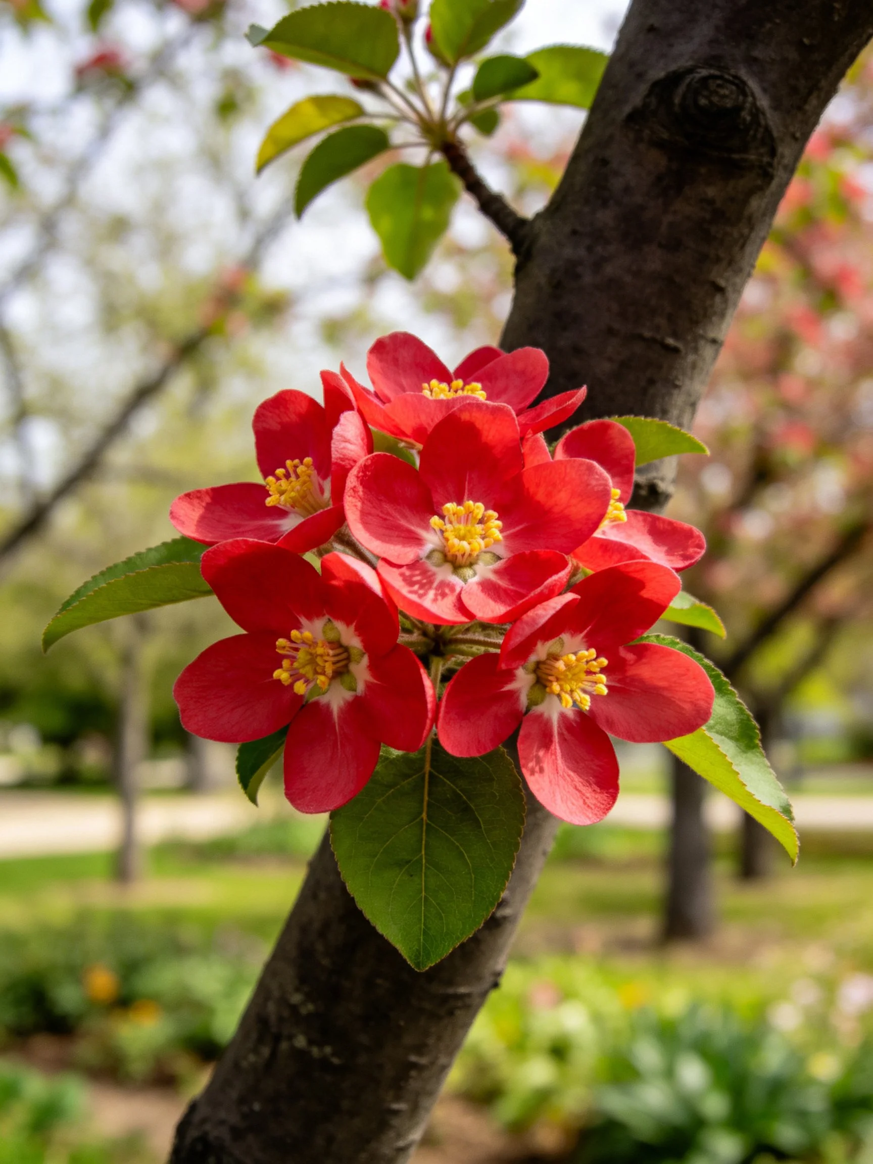 Vibrant red flowers cluster on a tree branch
