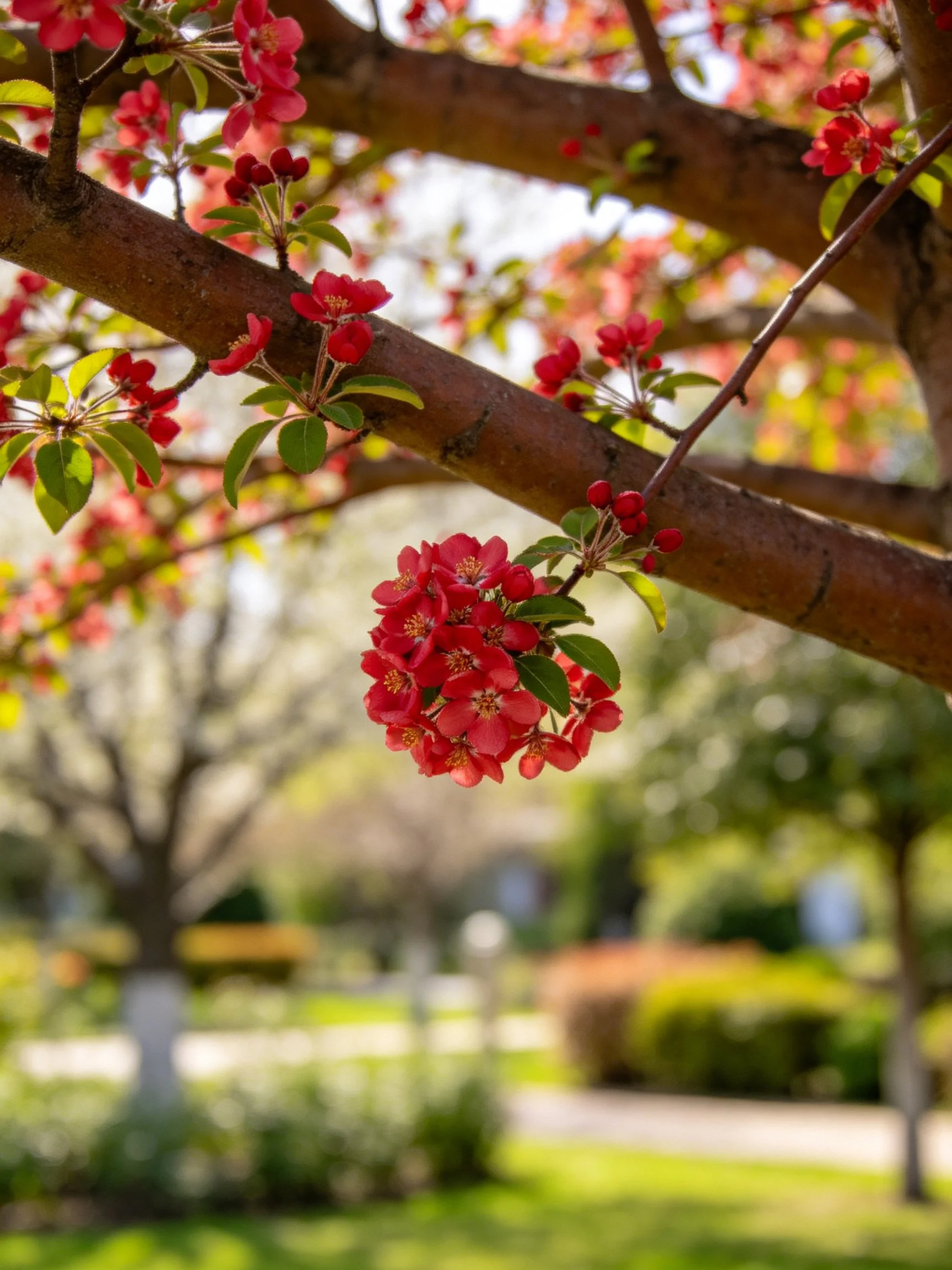 Vibrant red flowers cluster on a tree branch with green foliage