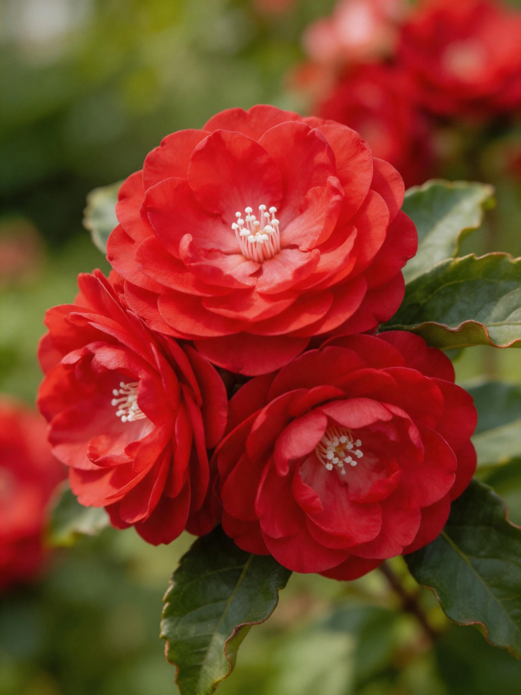 Vibrant red flowers cluster with lush green foliage
