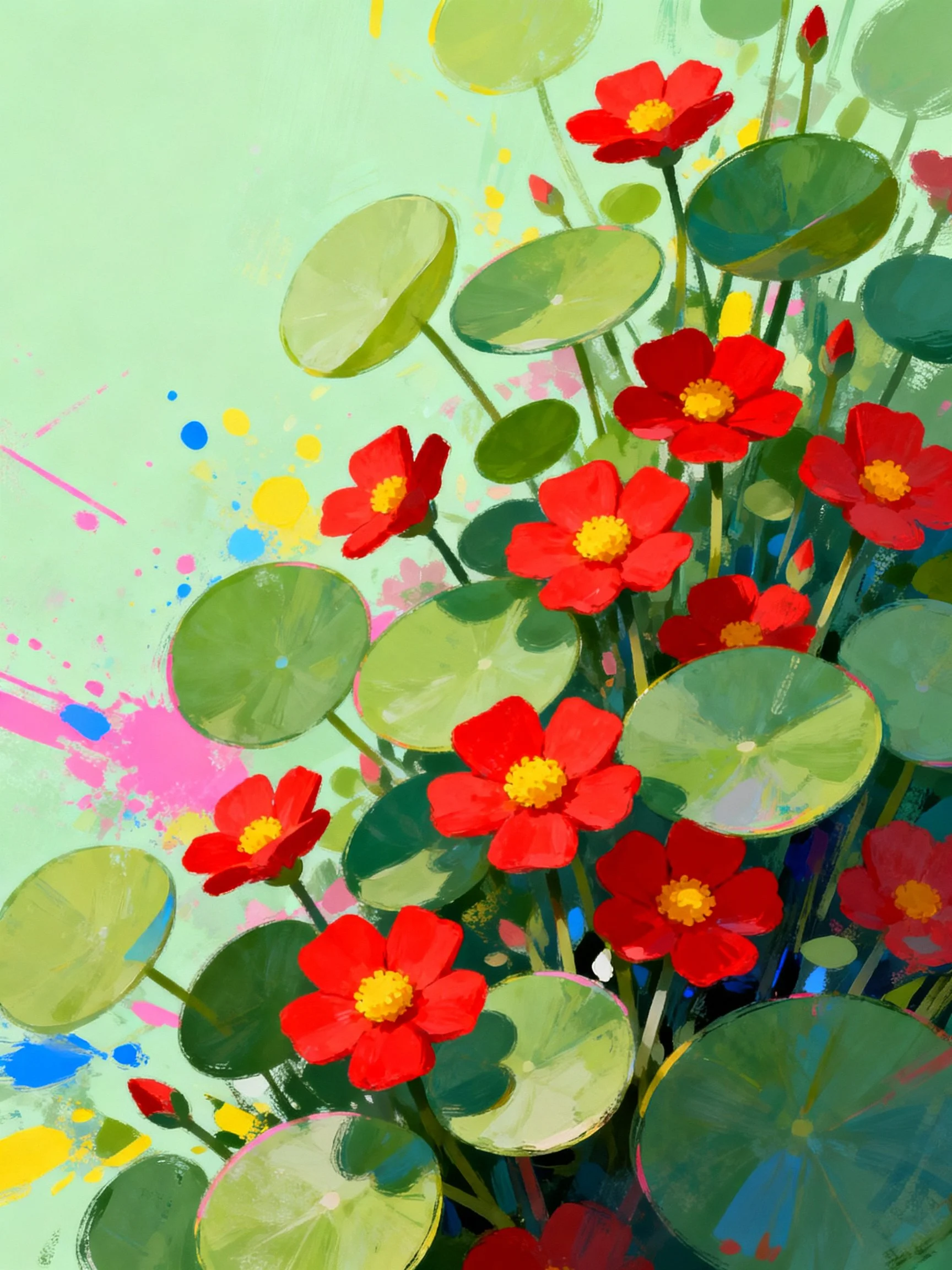 Vibrant red flowers with green lily pads on colorful splatter background