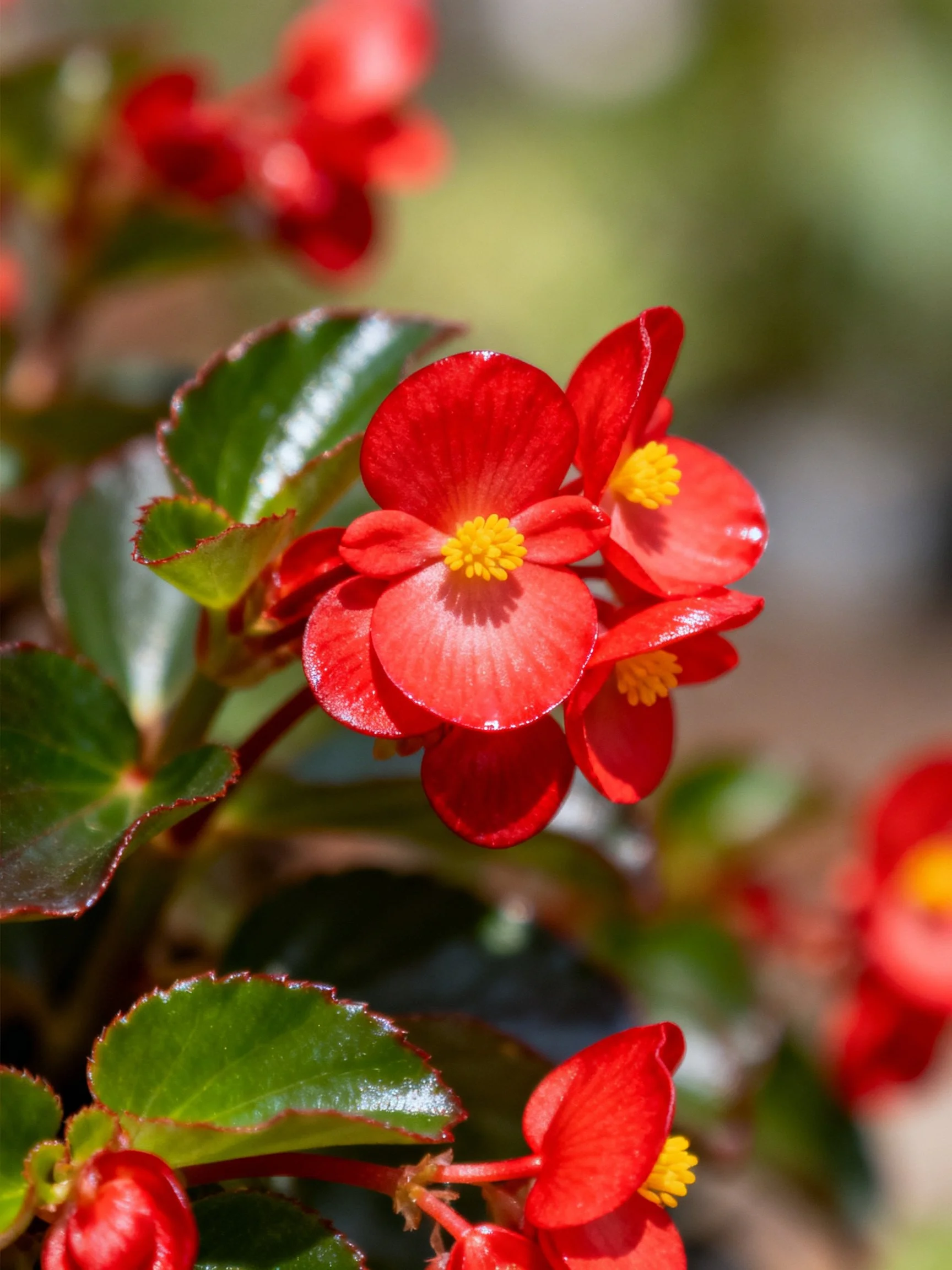 Vibrant red flowers with yellow centers and glossy green leaves