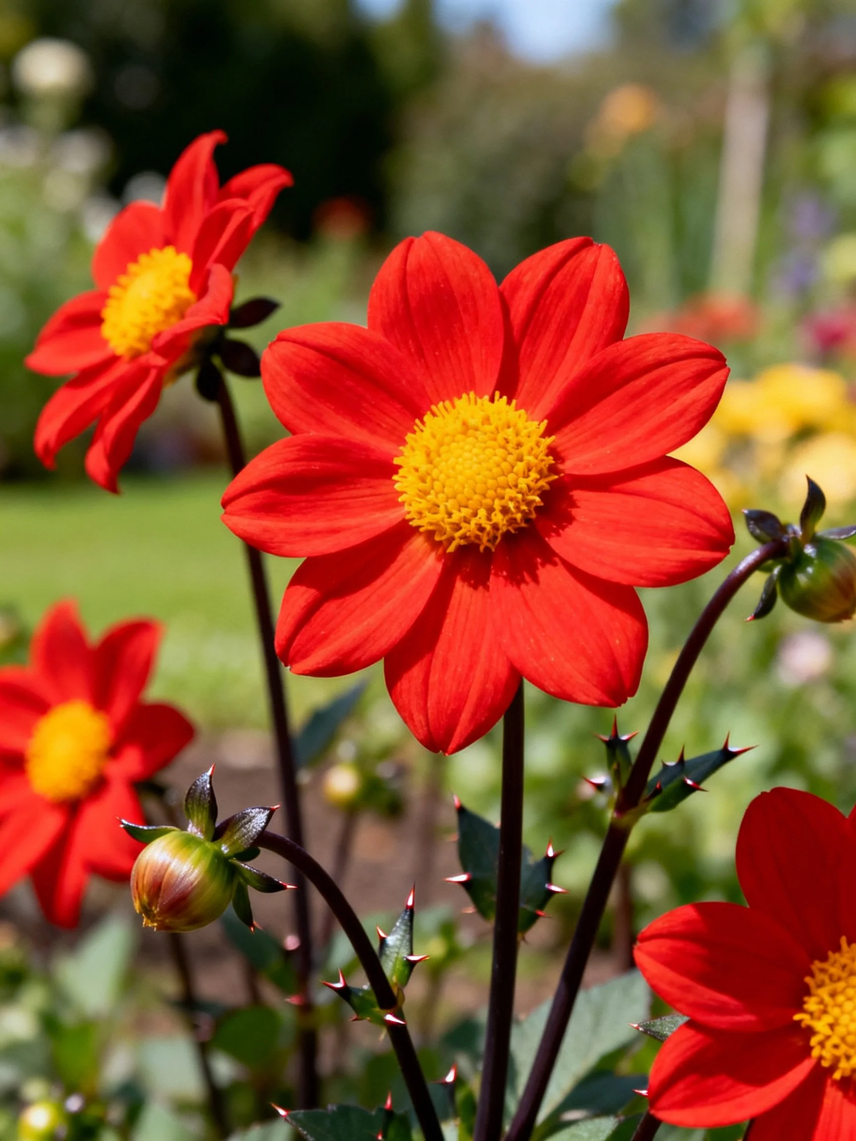 Vibrant red flowers with yellow centers blooming in a sunlit garden