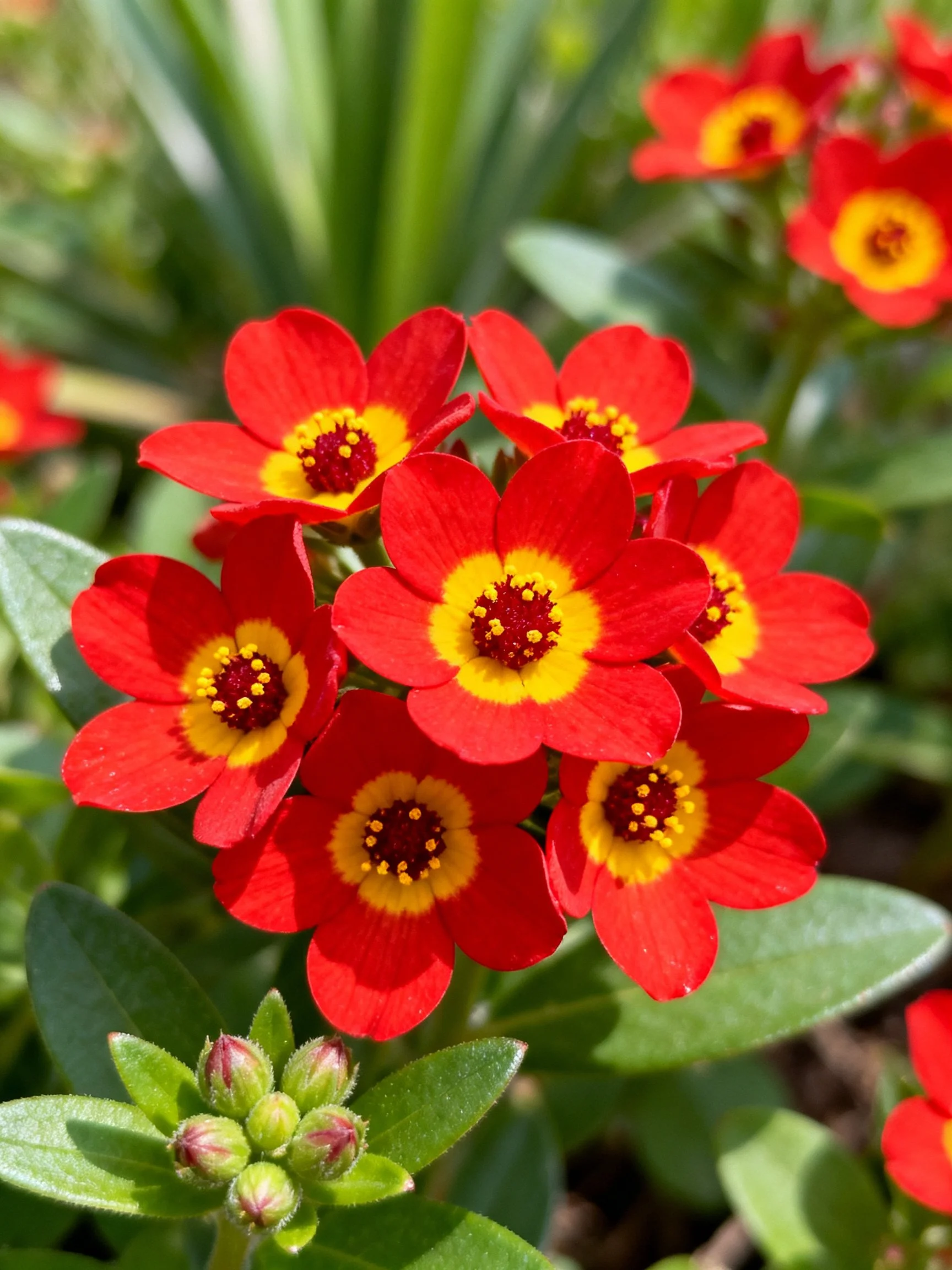 Vibrant red flowers with yellow centers clustered among green foliage.