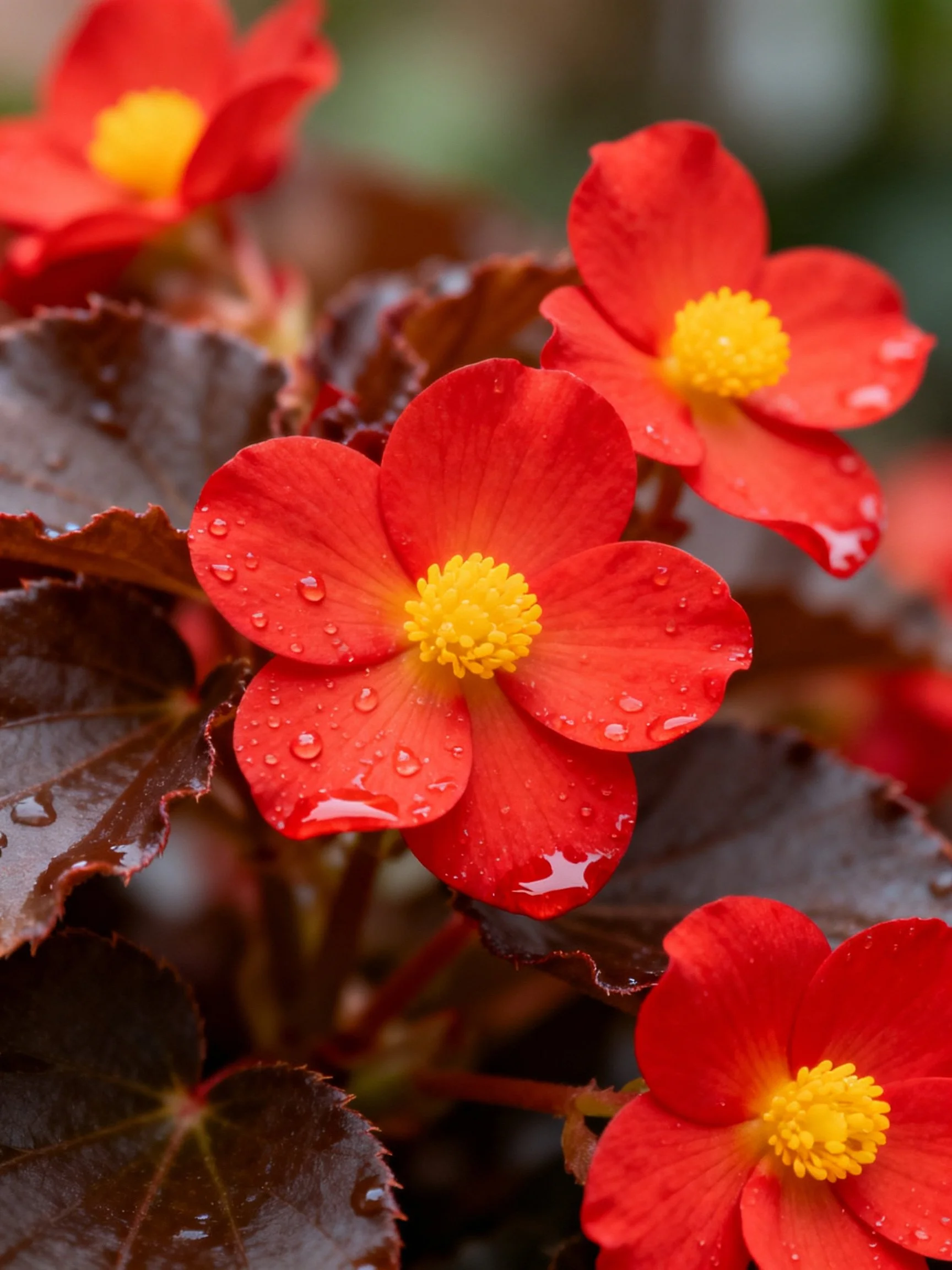 Vibrant red flowers with yellow centers, water droplets, and dark foliage