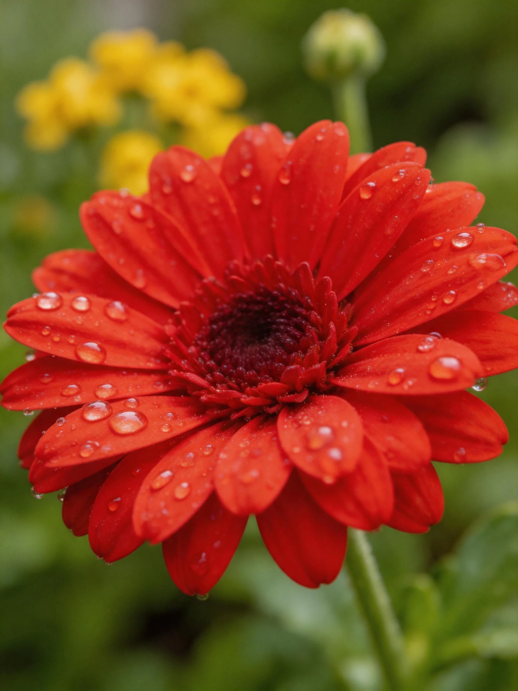Vibrant red gerbera flower with water droplets