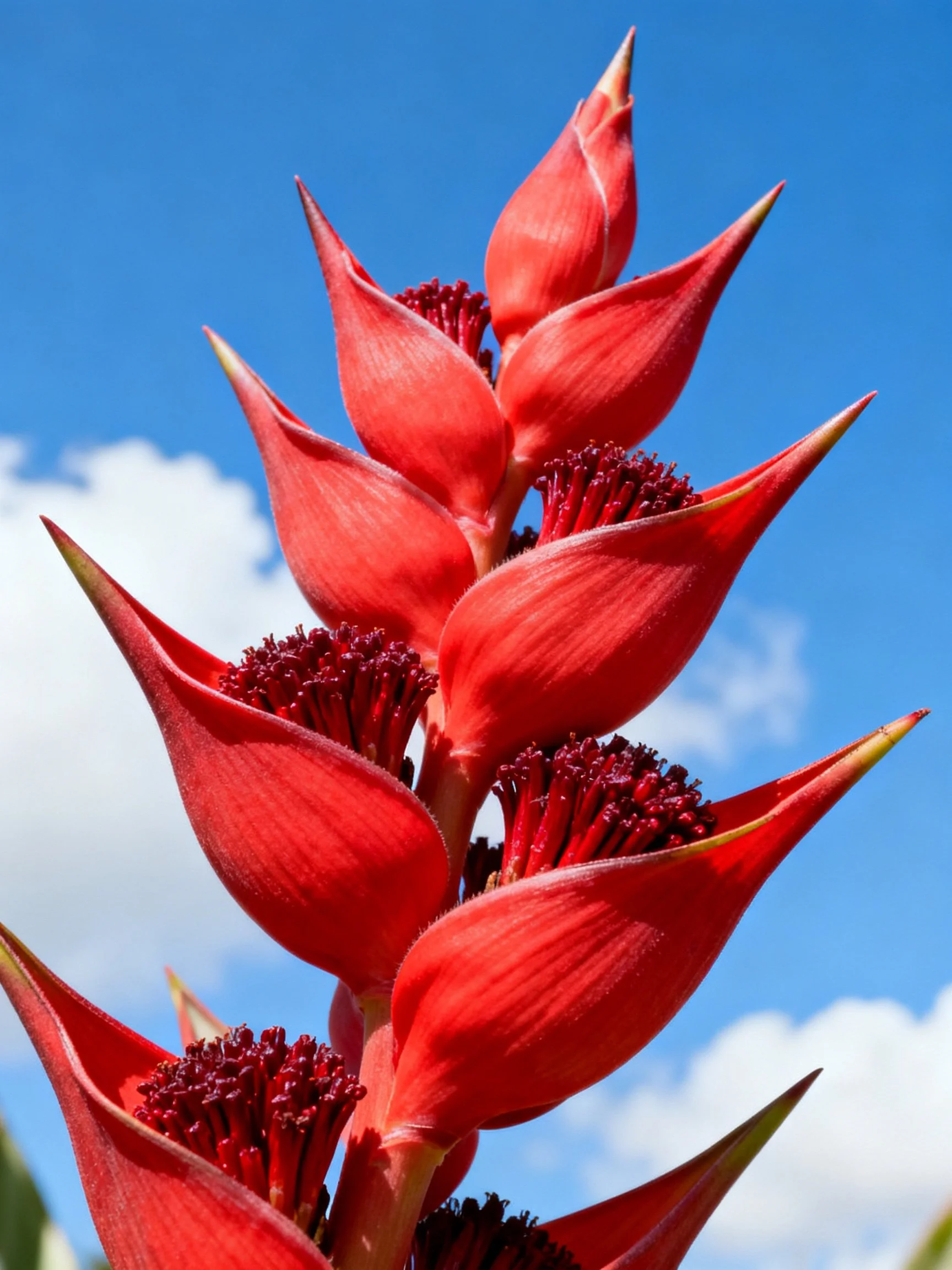 Vibrant red heliconia flowers with pointed bracts against blue sky