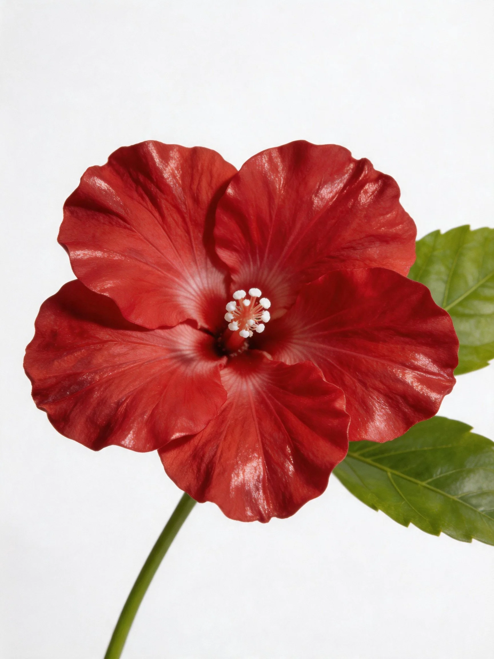 Vibrant red hibiscus flower with green leaves