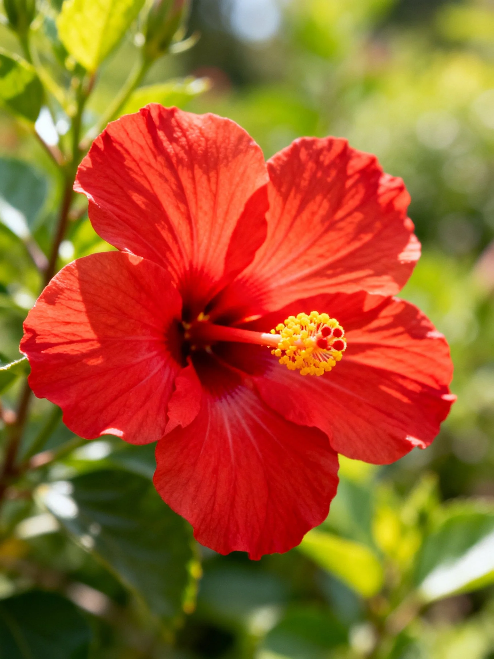 Vibrant red hibiscus flower with yellow center and green foliage