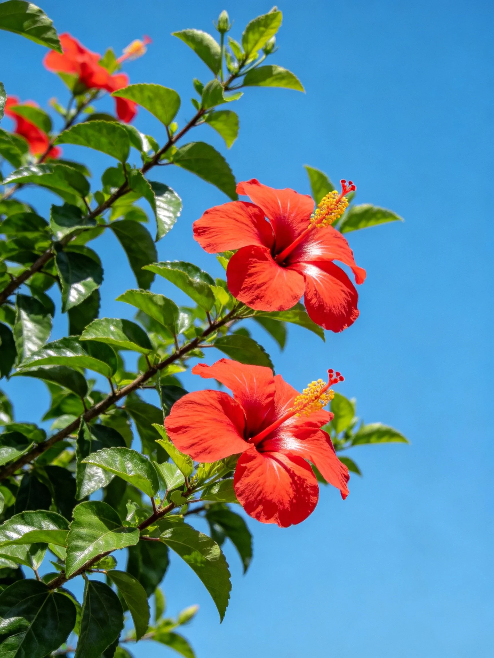 Vibrant red hibiscus flowers with glossy green leaves against clear blue sky