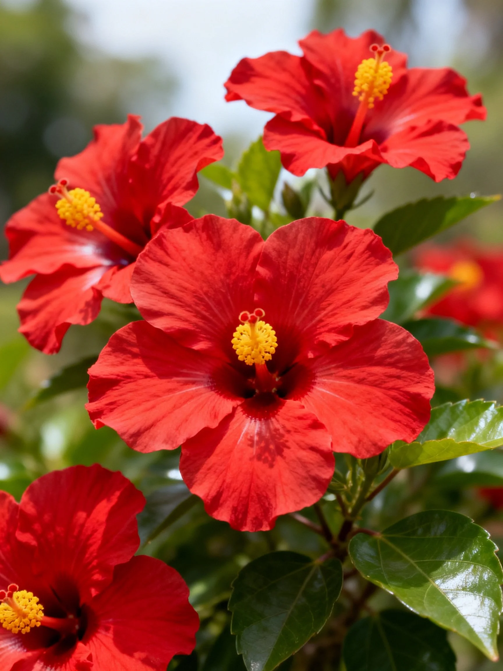 Vibrant red hibiscus flowers with yellow centers