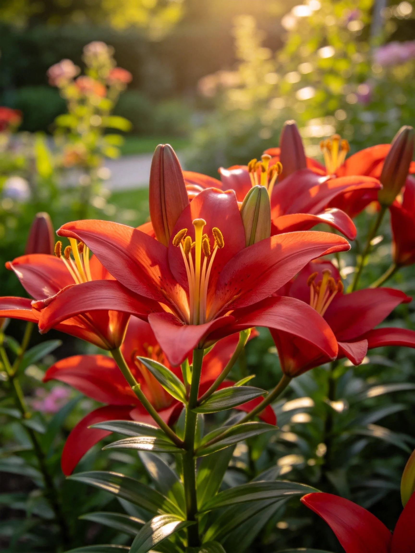 Vibrant red lilies bloom amidst lush greenery in golden sunlight