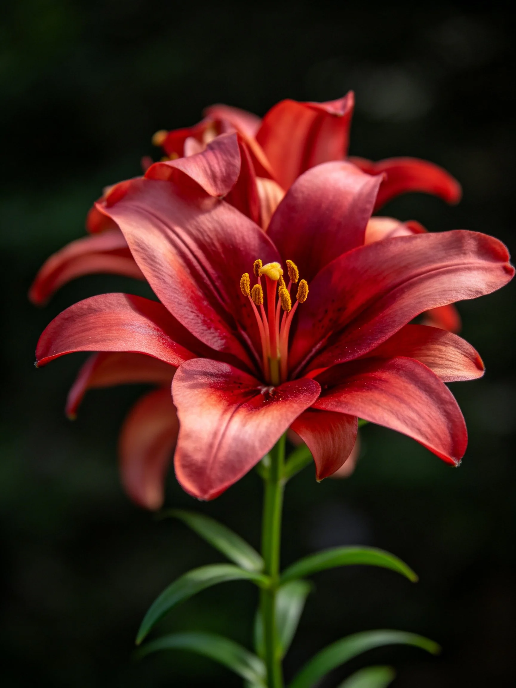 Vibrant red lilies with layered petals and golden stamens