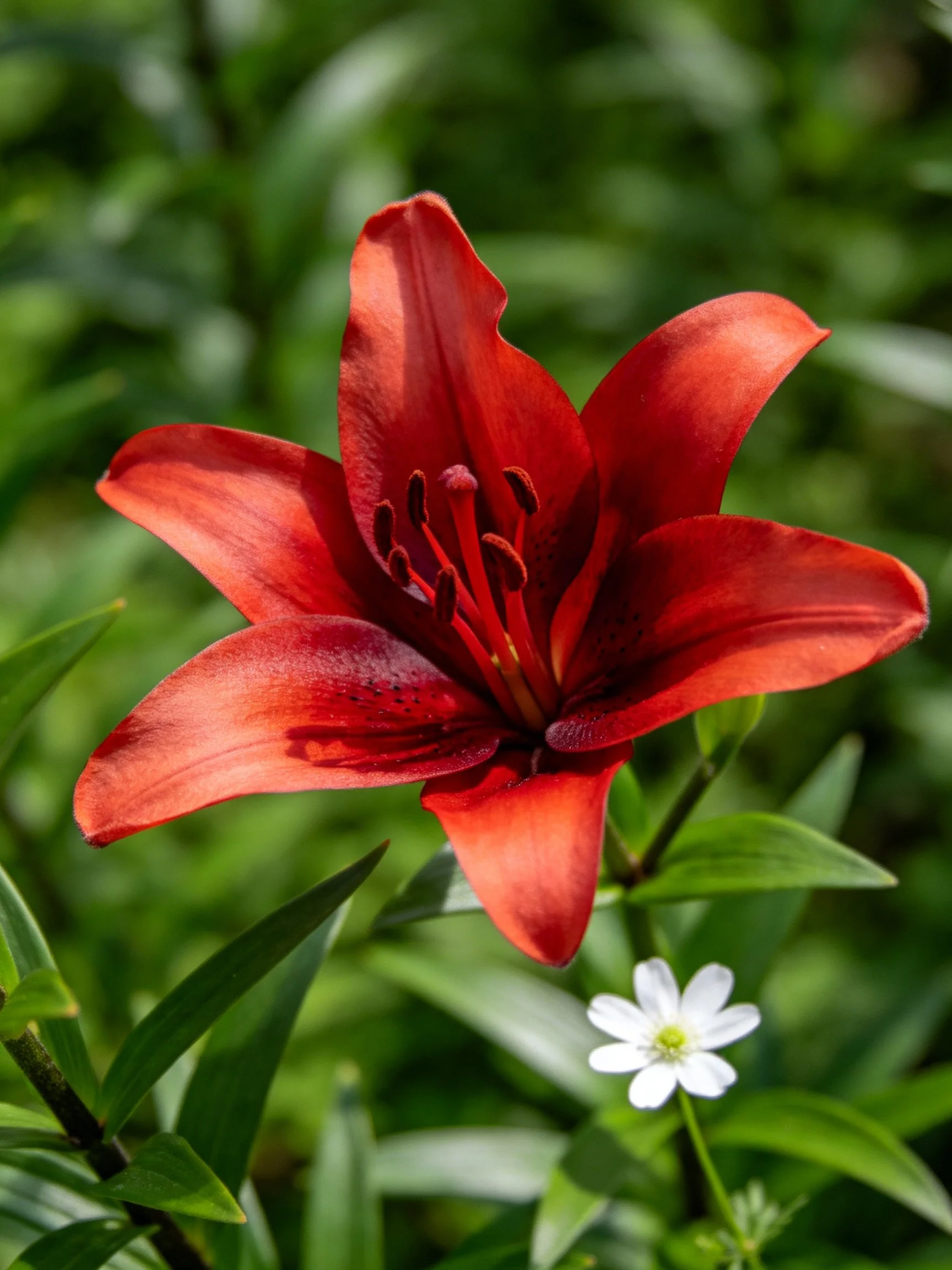 Vibrant red lily blooms amid lush green foliage with a small white flower