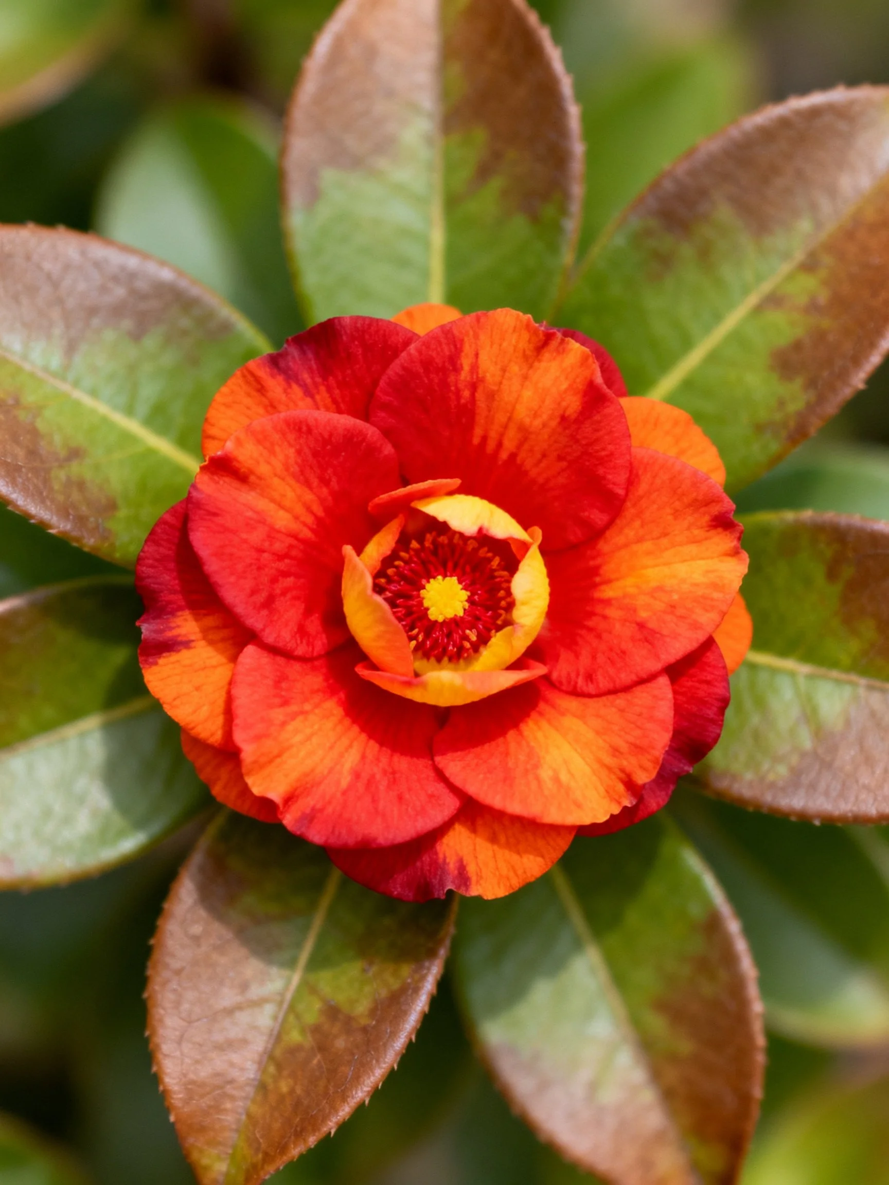 Vibrant red-orange flower centered among green-brown leaves