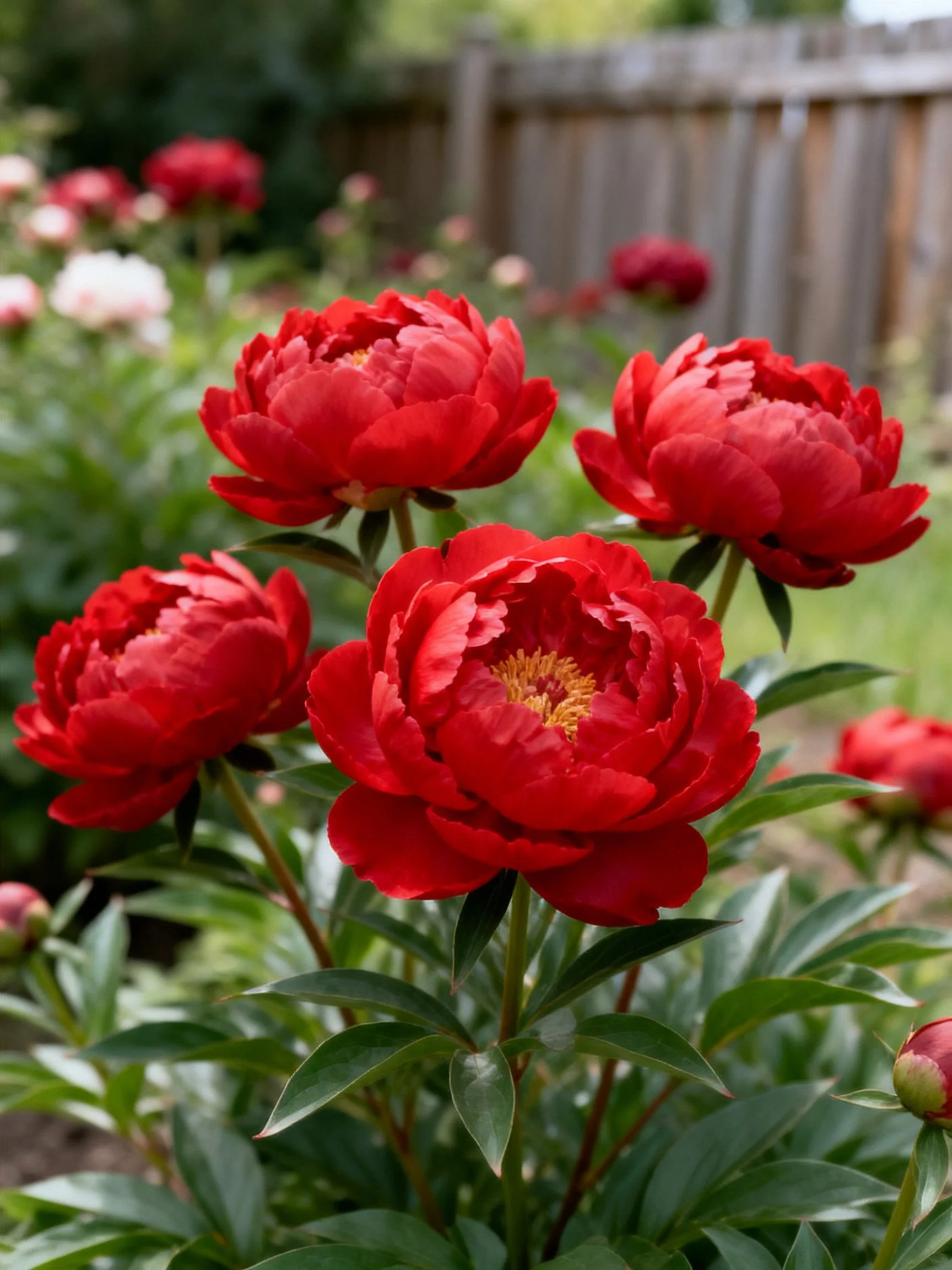 Vibrant red peonies bloom among lush green foliage