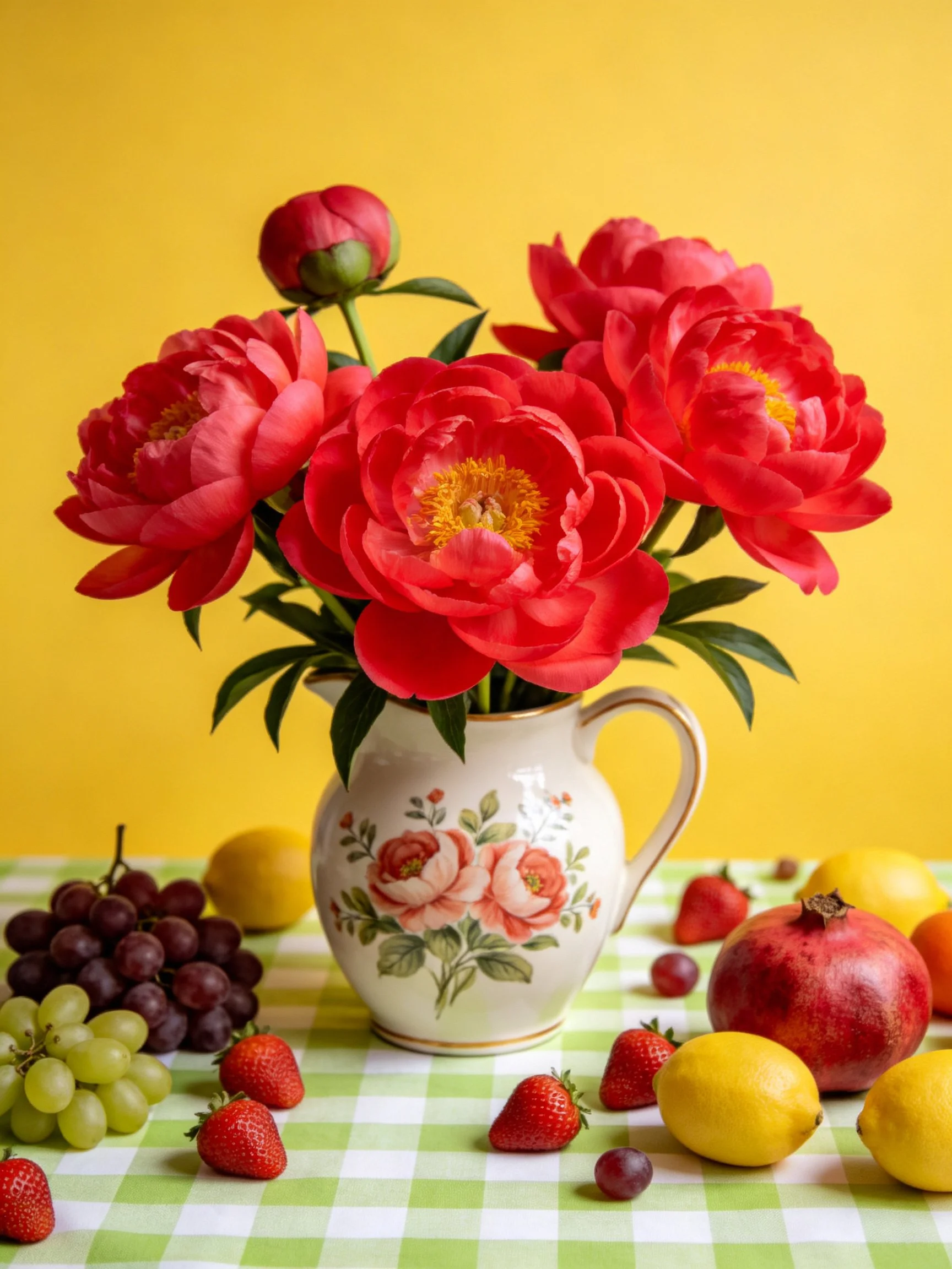 Vibrant red peonies in floral pitcher with assorted fruits
