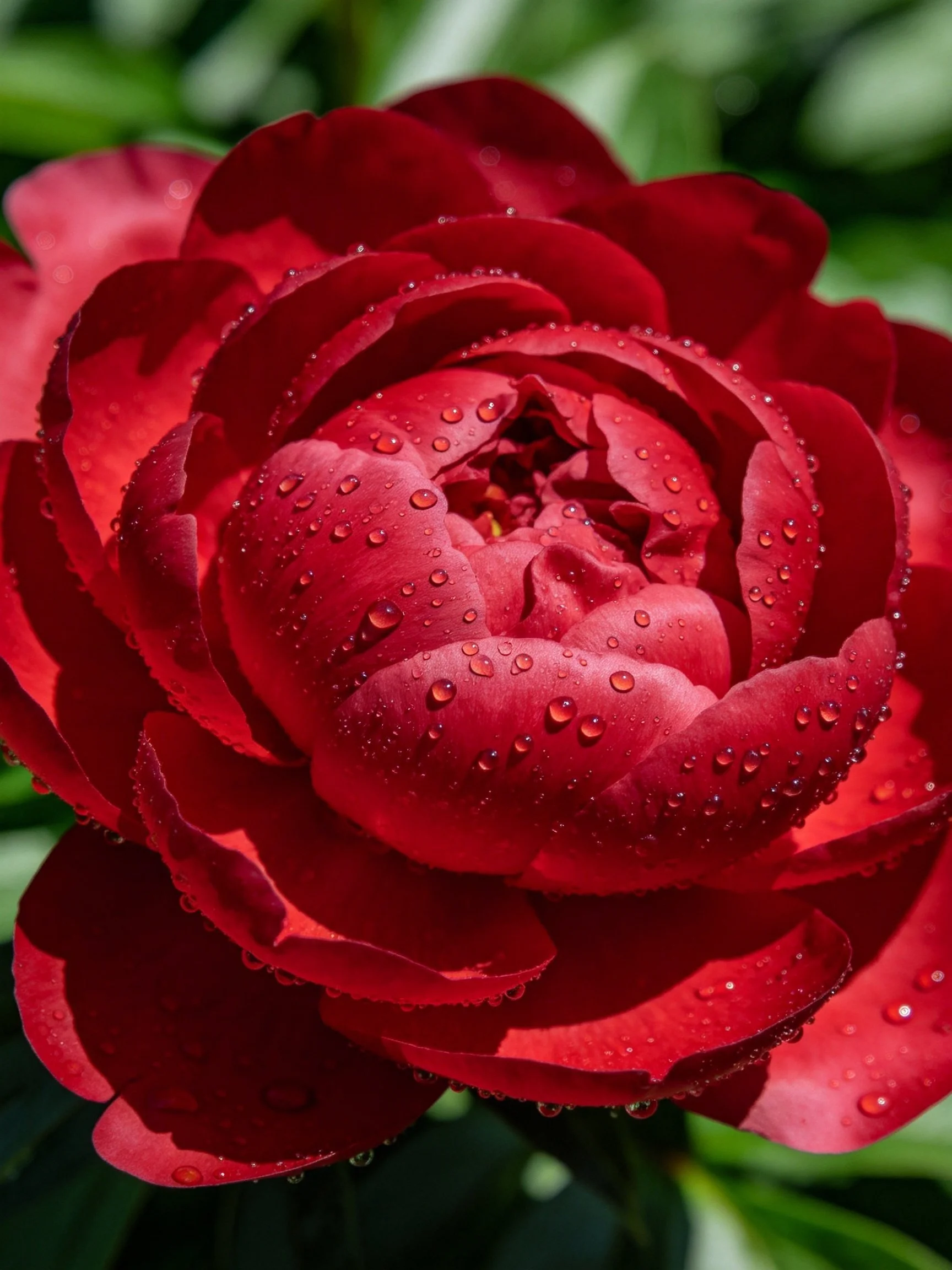 Vibrant red peony with glistening water droplets