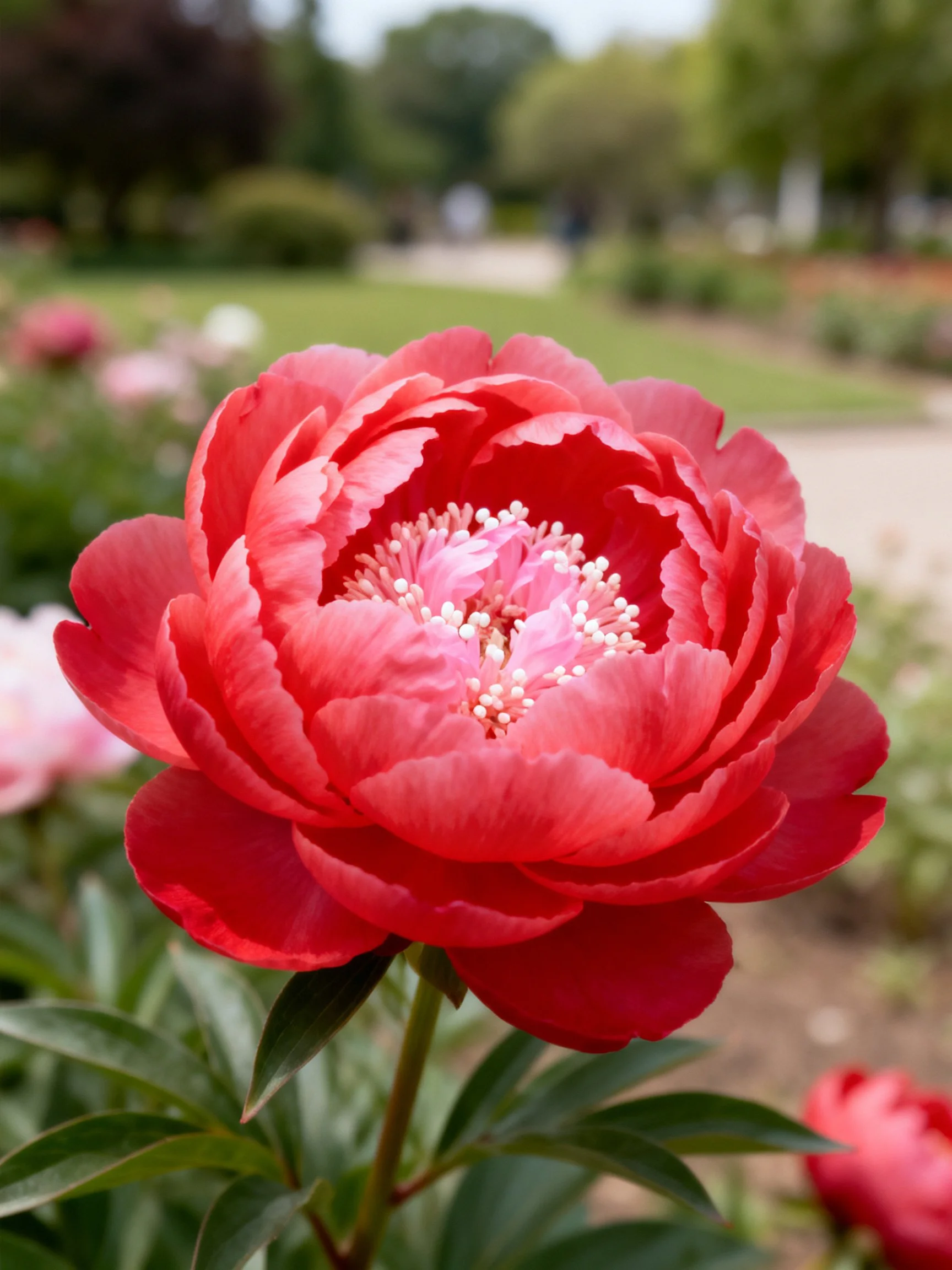 Vibrant red peony with layered petals in a garden