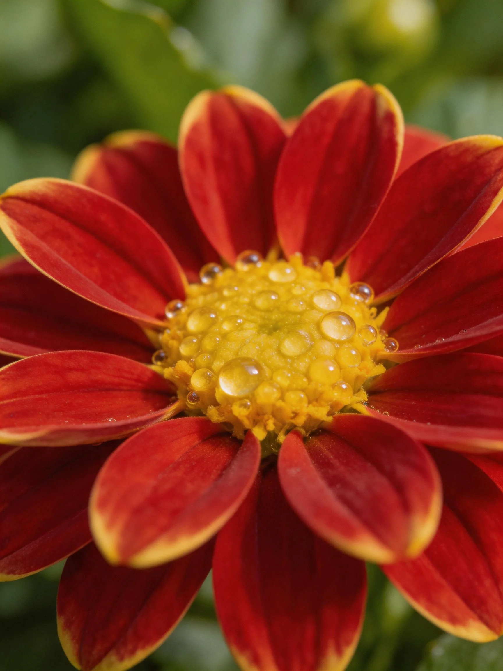 Vibrant red petals encircle a yellow flower center with water droplets
