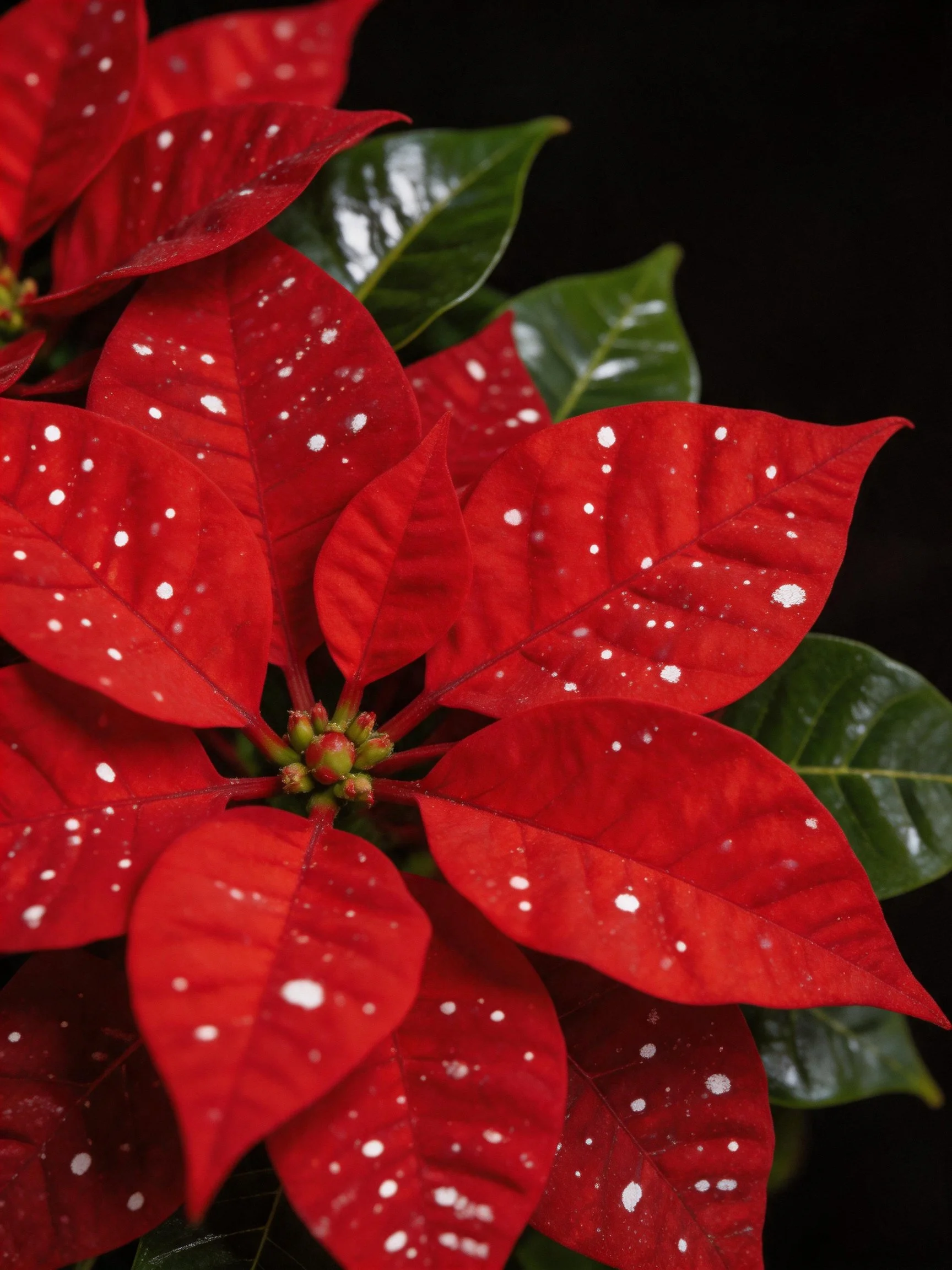 Vibrant red poinsettia blooms with white speckled foliage
