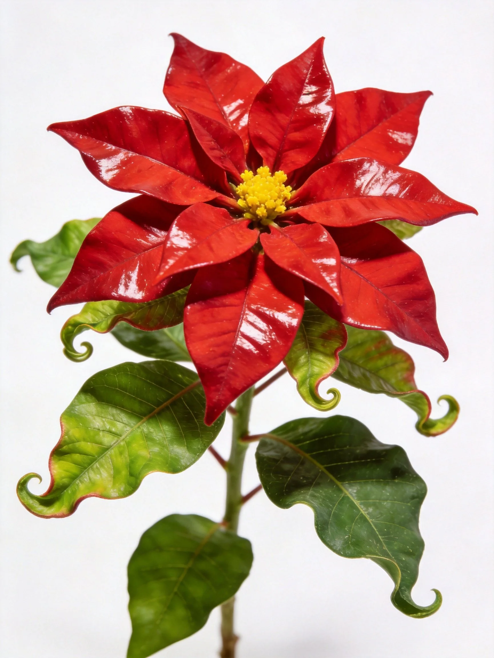 Vibrant red poinsettia with glossy bracts and curled green leaves