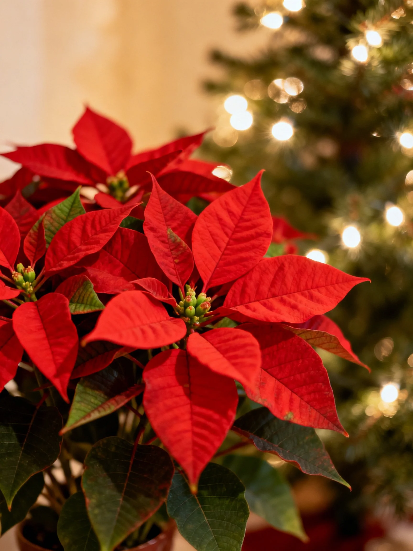 Vibrant red poinsettias beside a lit Christmas tree