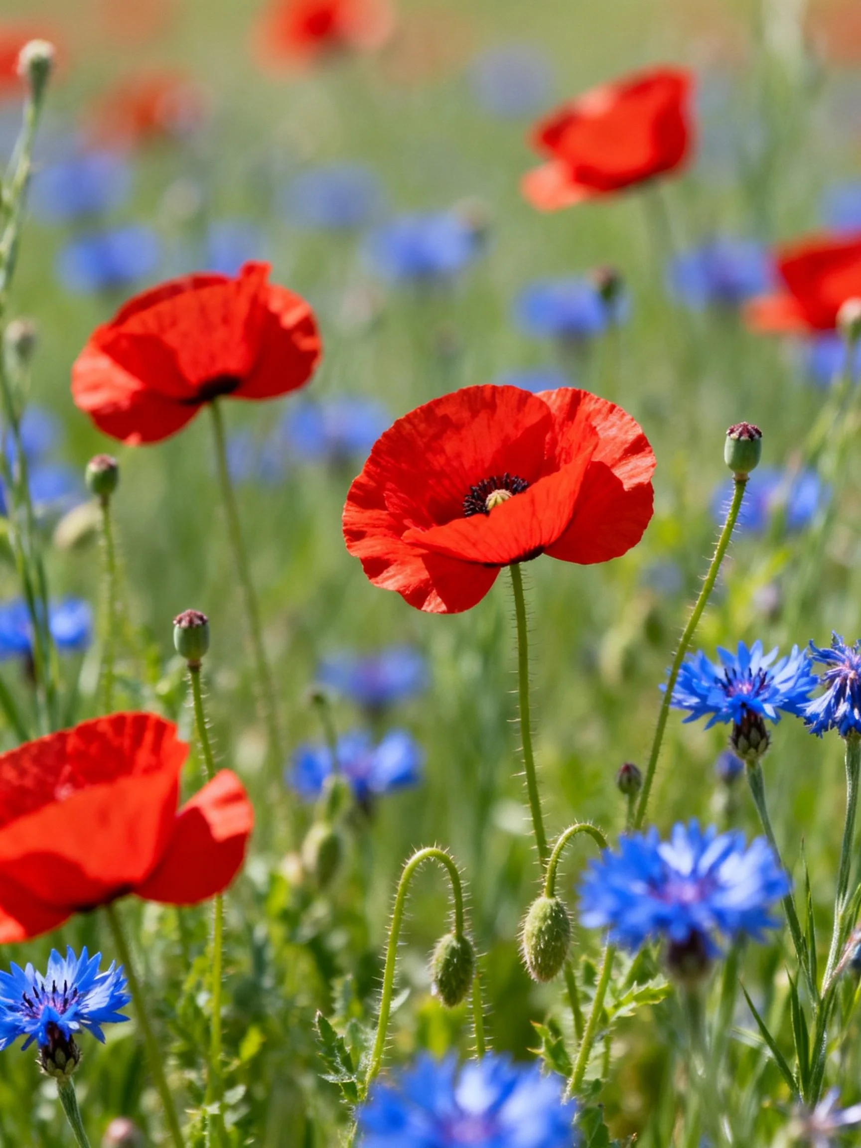 Vibrant red poppies and blue wildflowers in a sun-dappled meadow