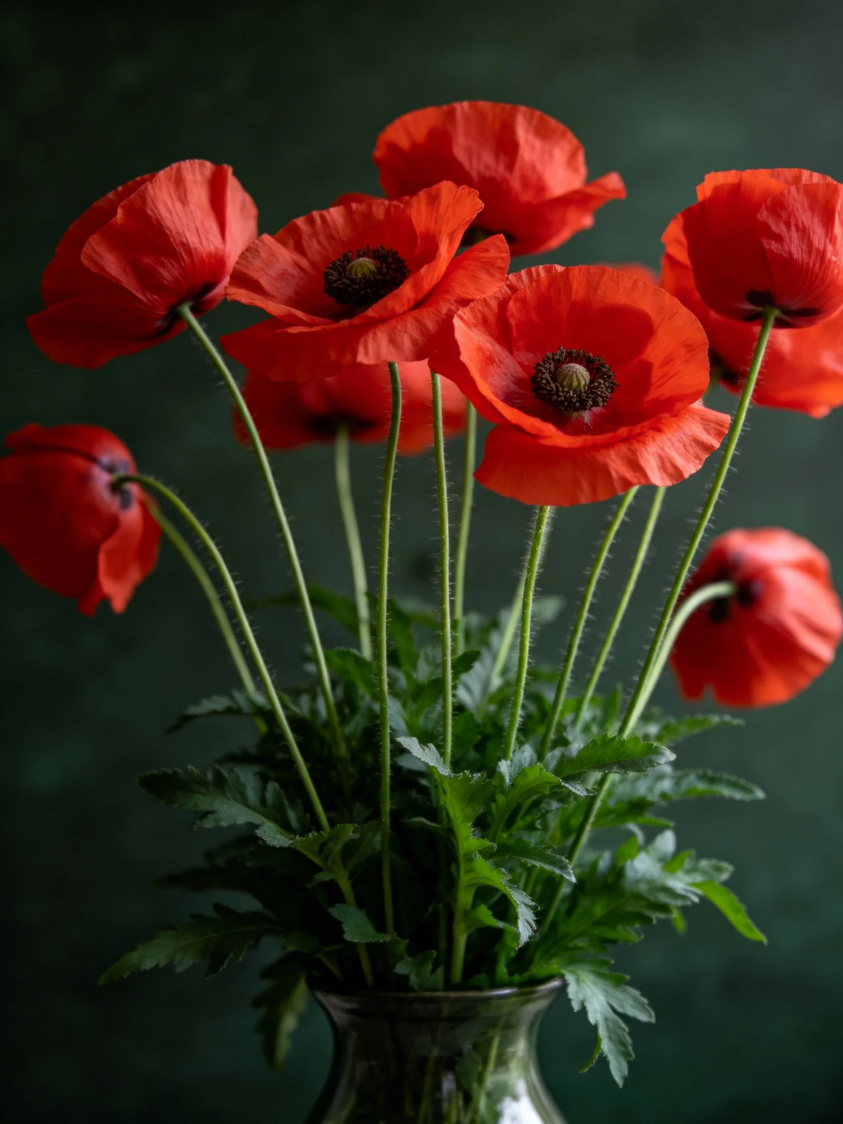 Vibrant red poppies arranged in a glass vase
