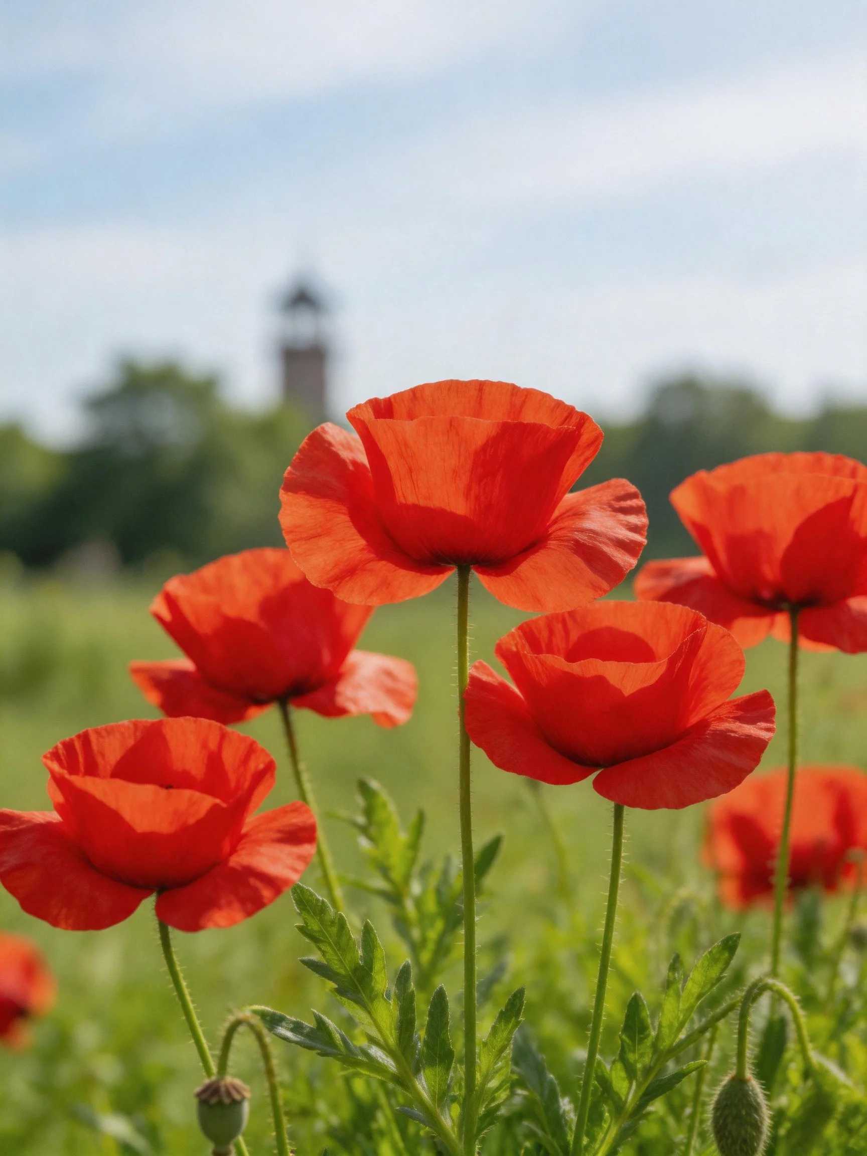 Vibrant red poppies bloom in a lush green meadow near a distant tower
