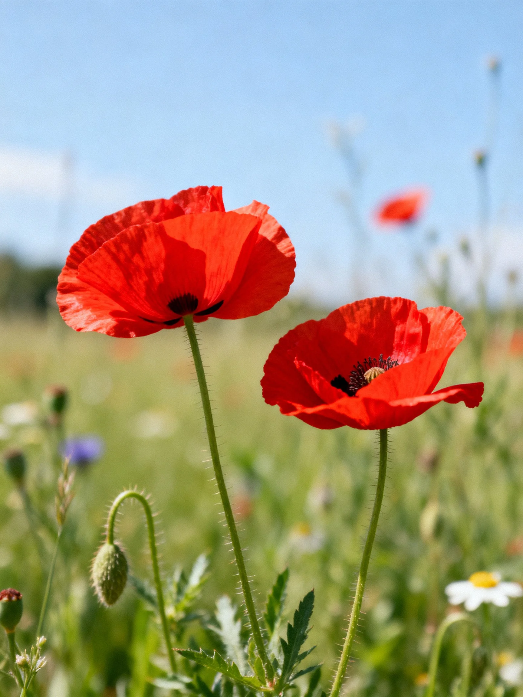 Vibrant red poppies bloom in sunlit meadow with greenery