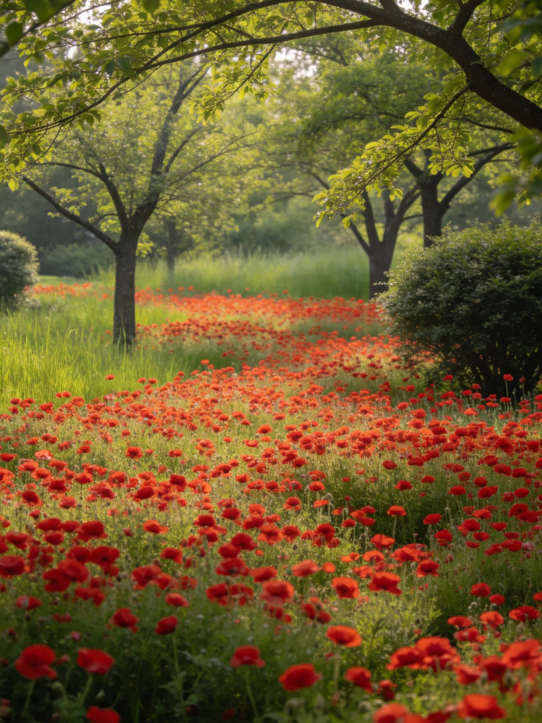 Vibrant red poppies fill a sun-dappled forest glade