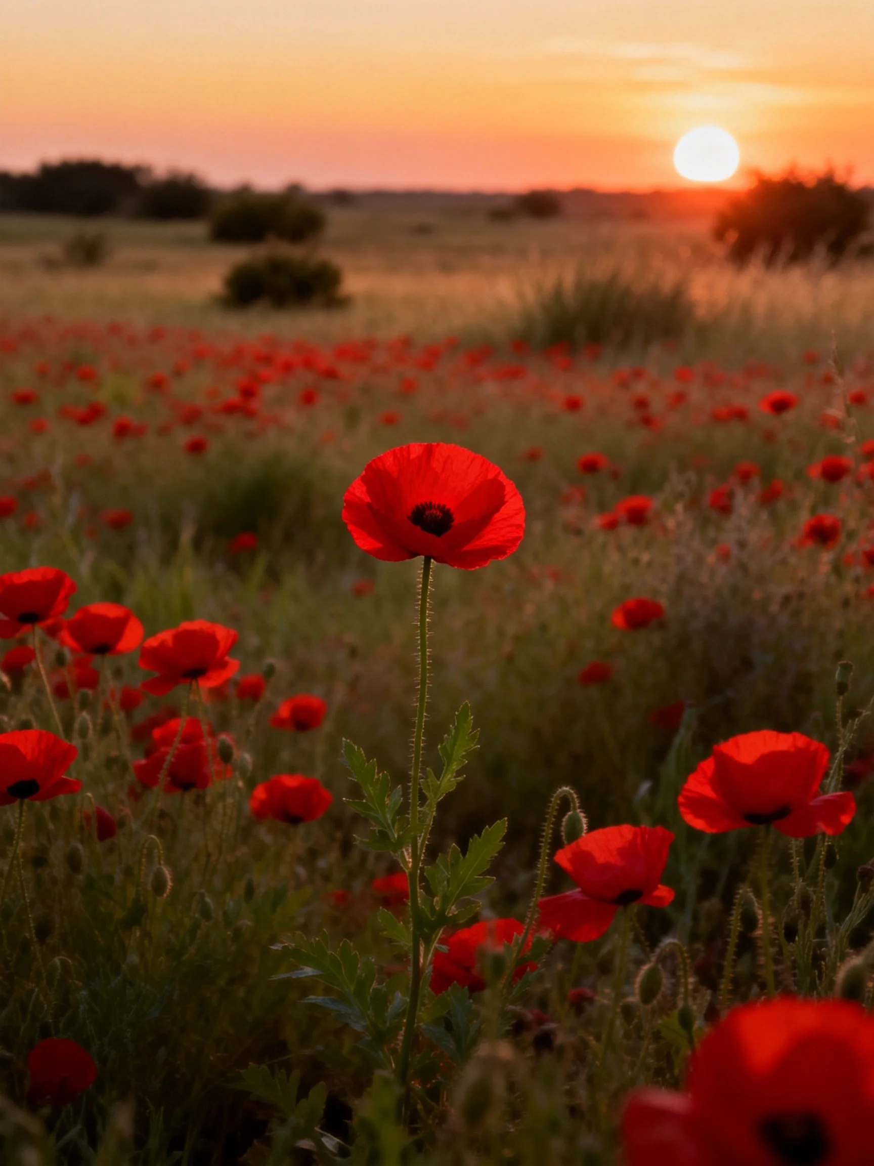 Vibrant red poppies fill a sun-drenched field at sunset