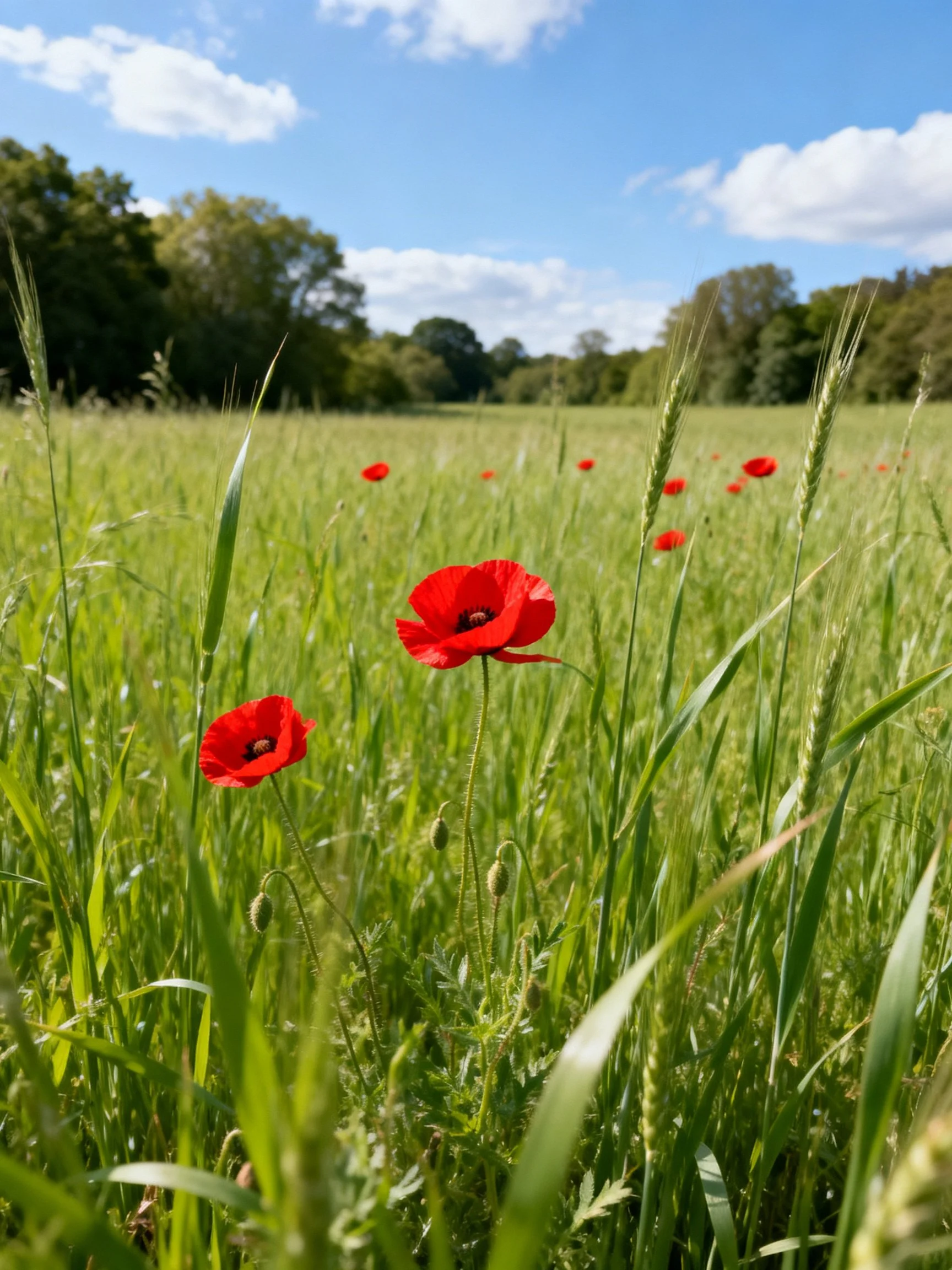 Vibrant red poppies in a lush green meadow under sunny skies