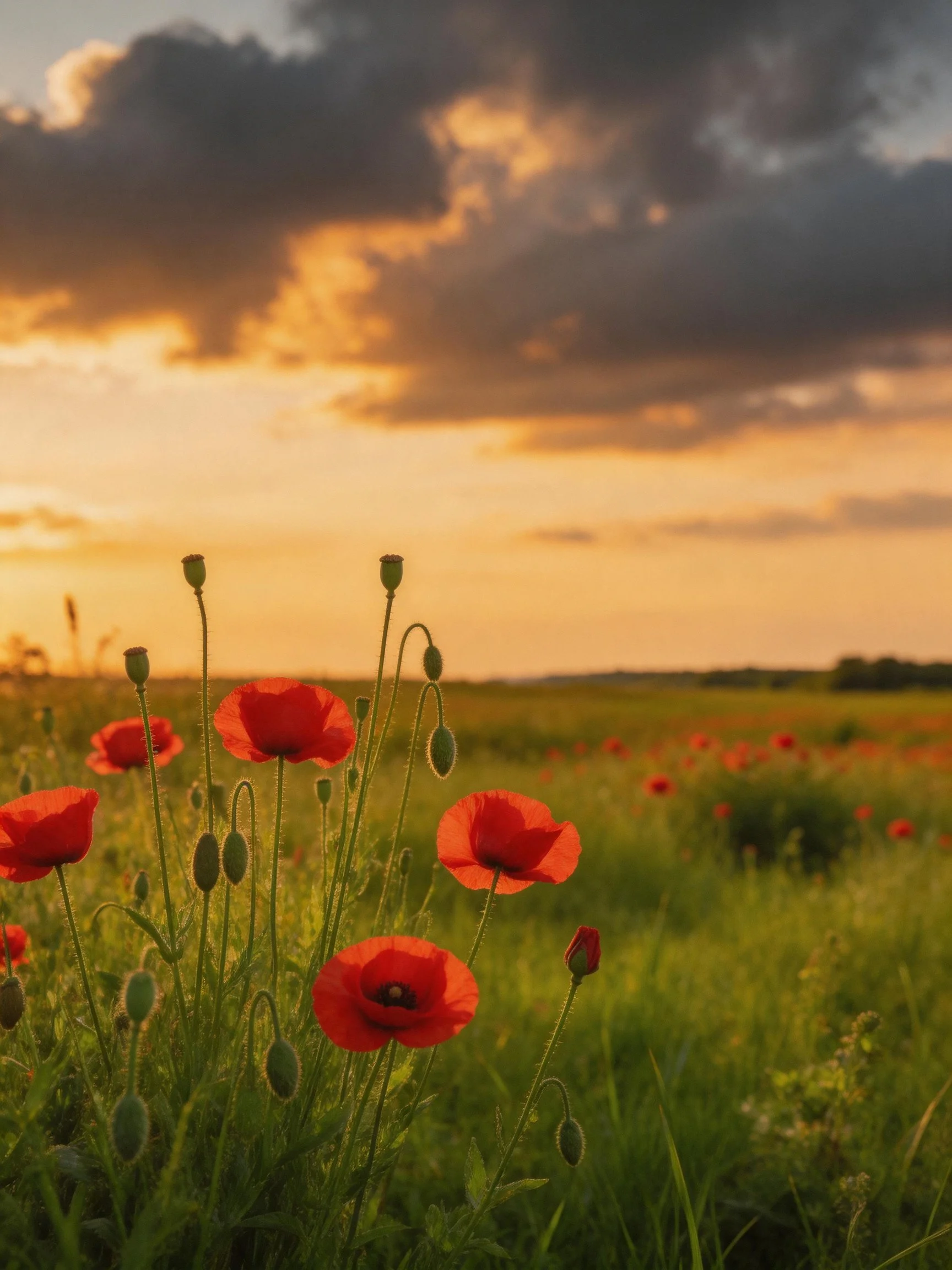 Vibrant red poppies in a sunlit meadow with dramatic clouds