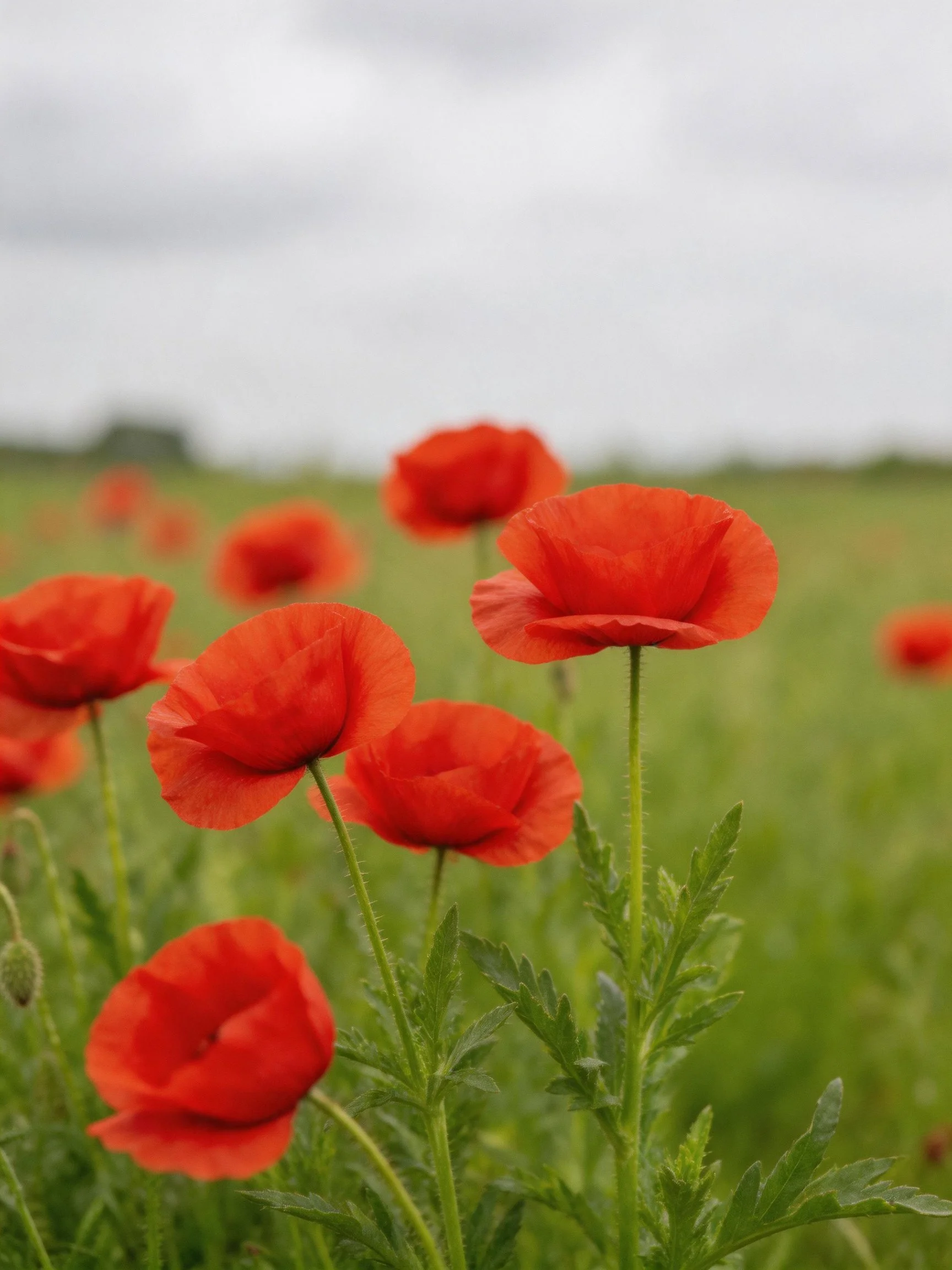Vibrant red poppies scattered across a lush green meadow