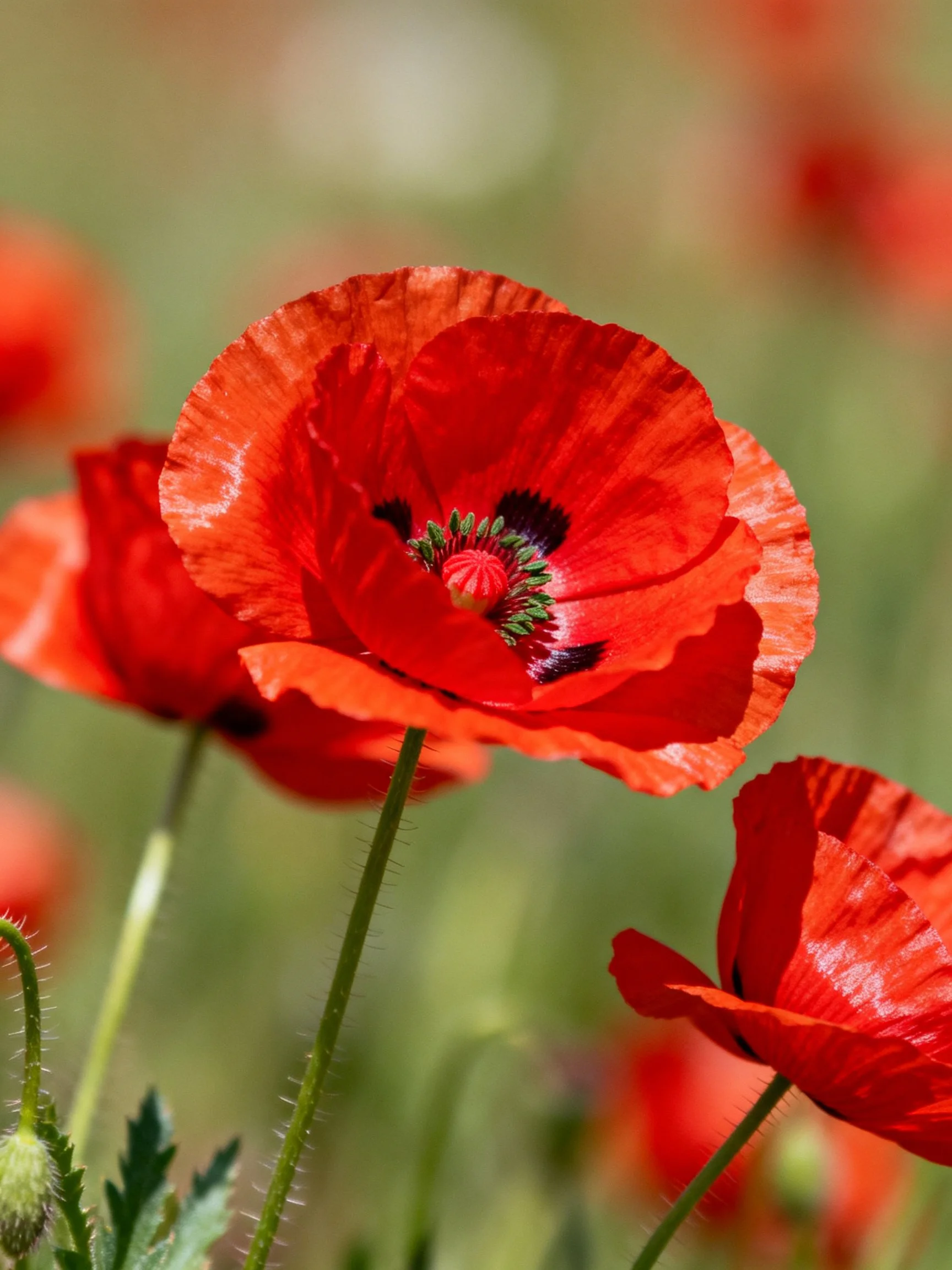 Vibrant red poppies with dark centers in a soft-focus field