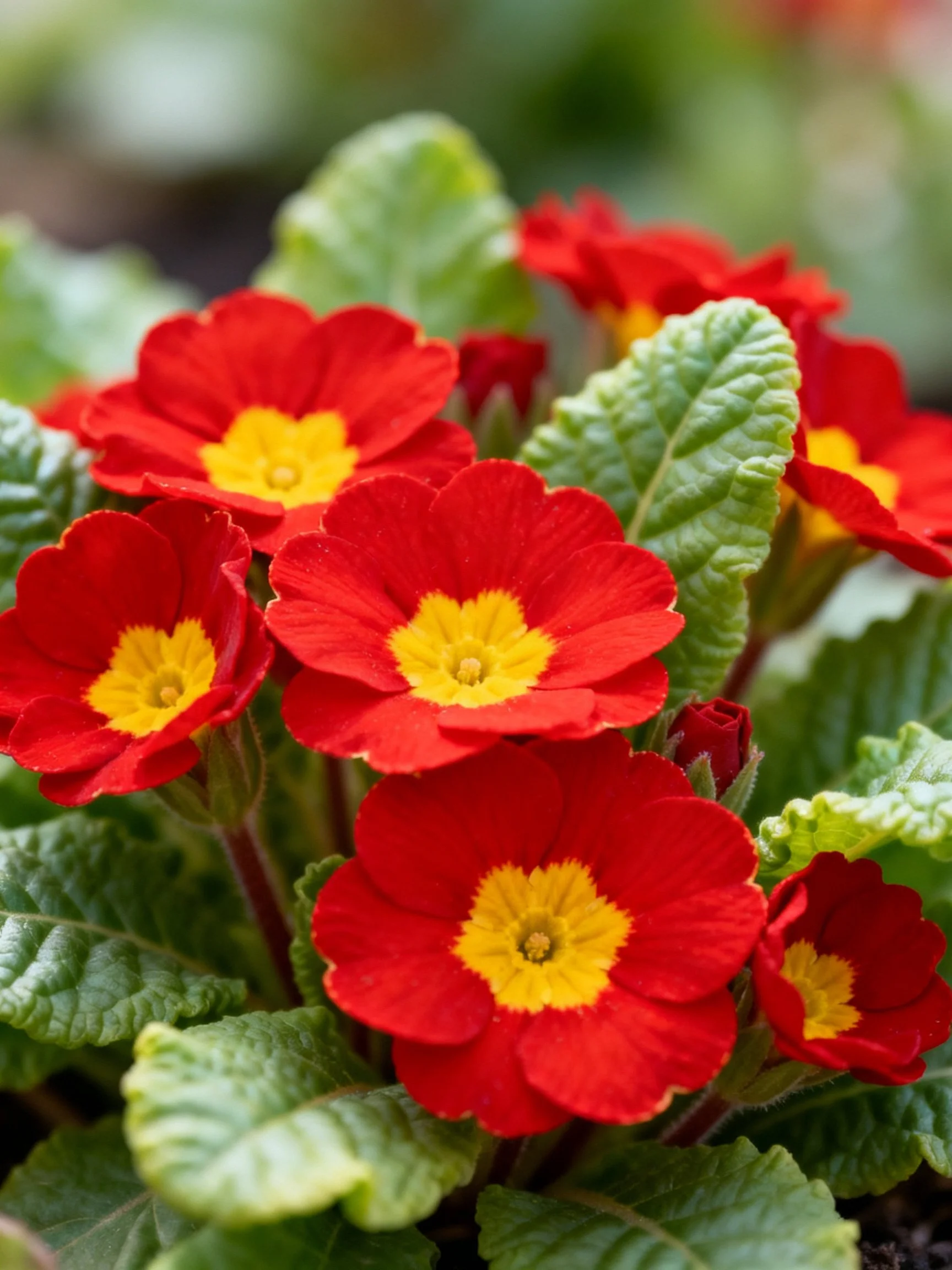 Vibrant red primroses with bright yellow centers amid textured green foliage