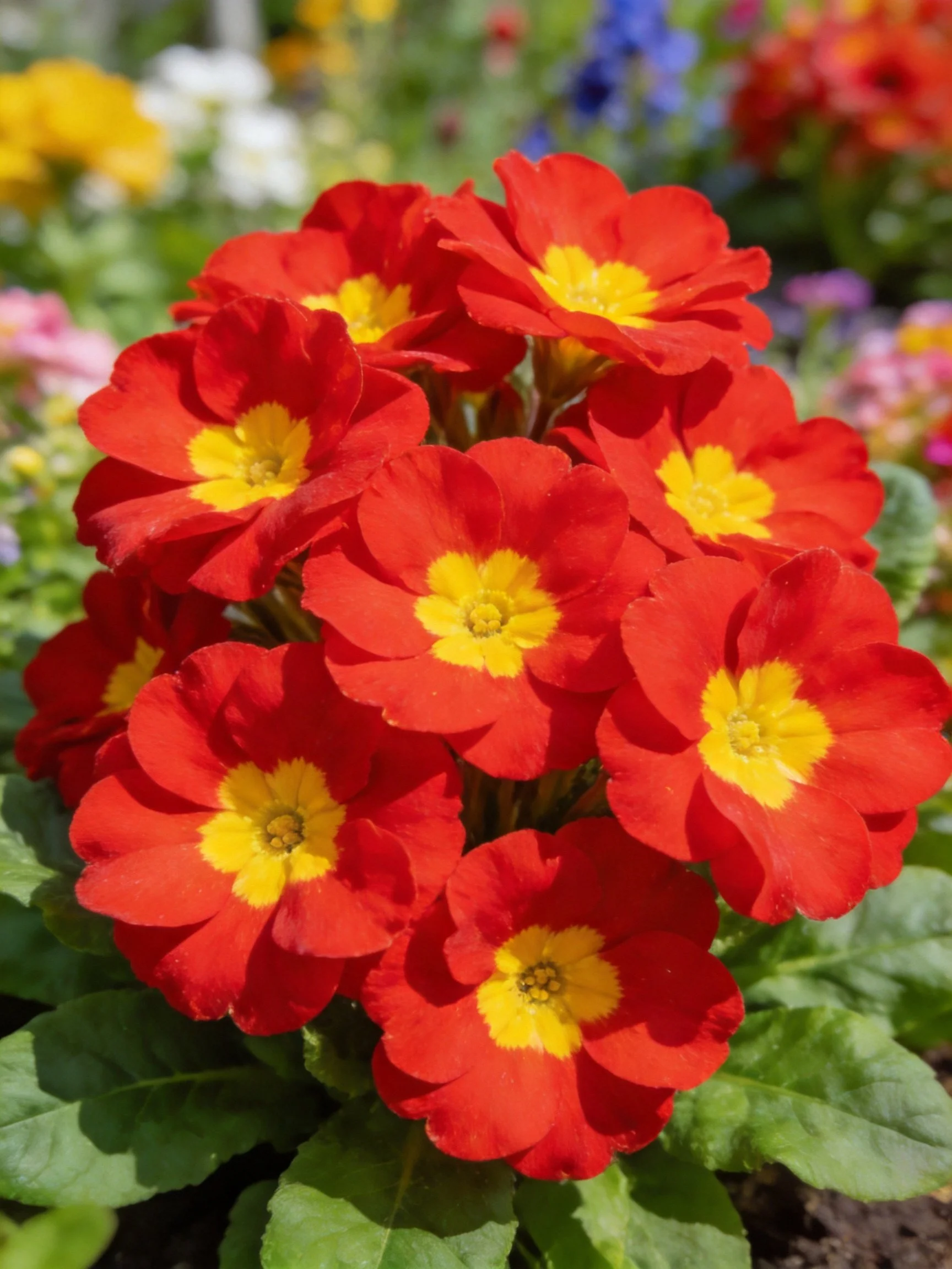 Vibrant red primroses with yellow centers clustered among green foliage