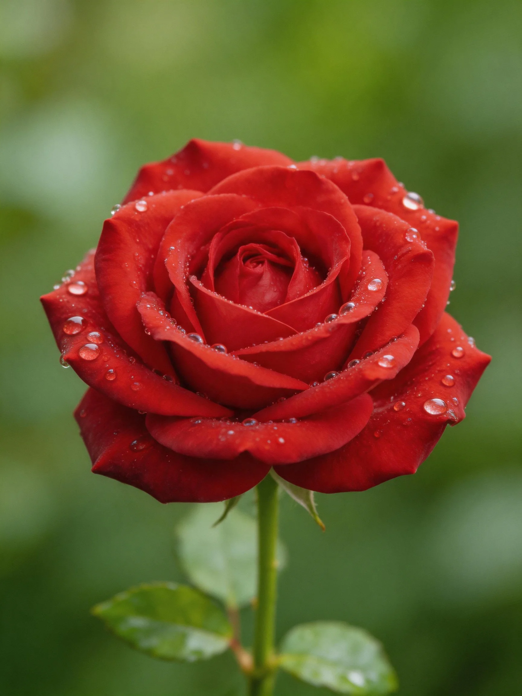 Vibrant red rose adorned with water droplets