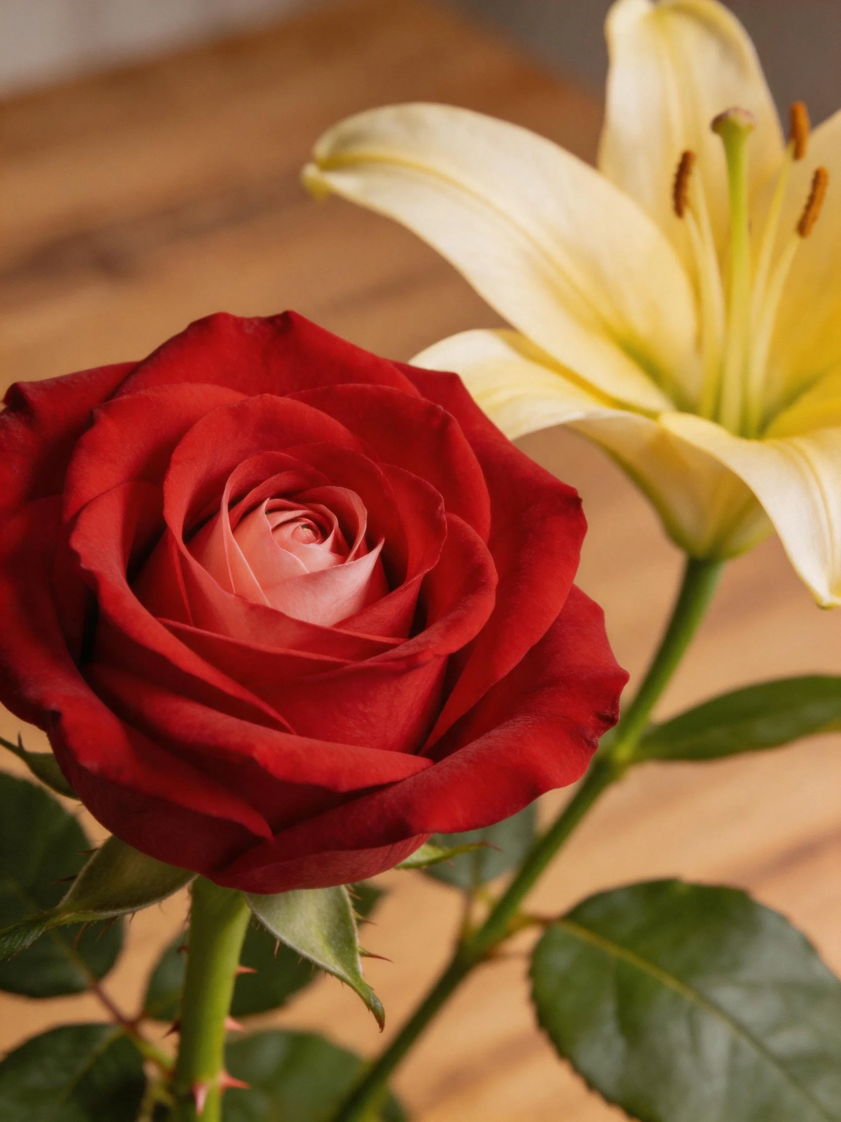 Vibrant red rose alongside a creamy yellow lily