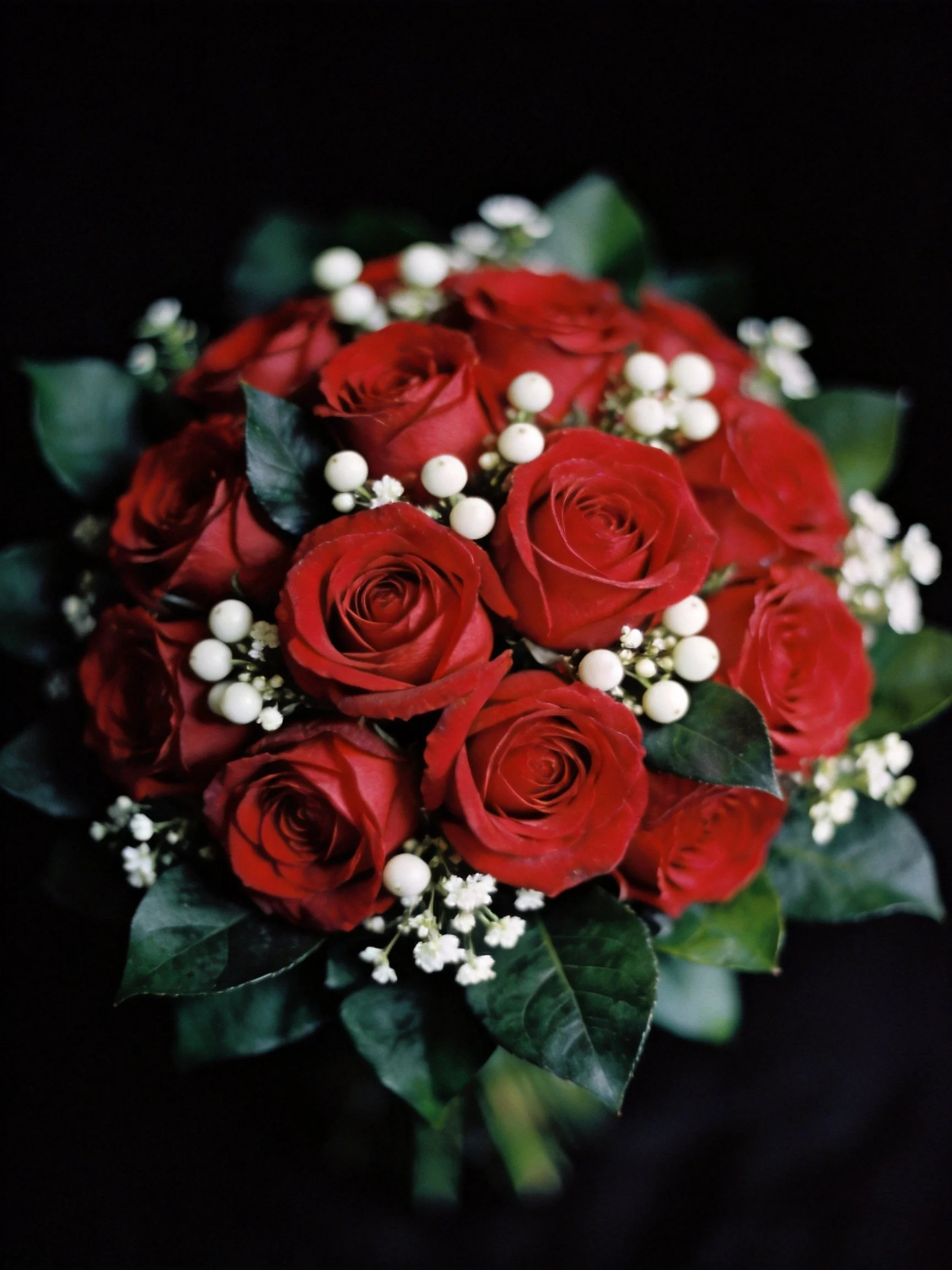 Vibrant red rose bouquet with white accents and dark green leaves