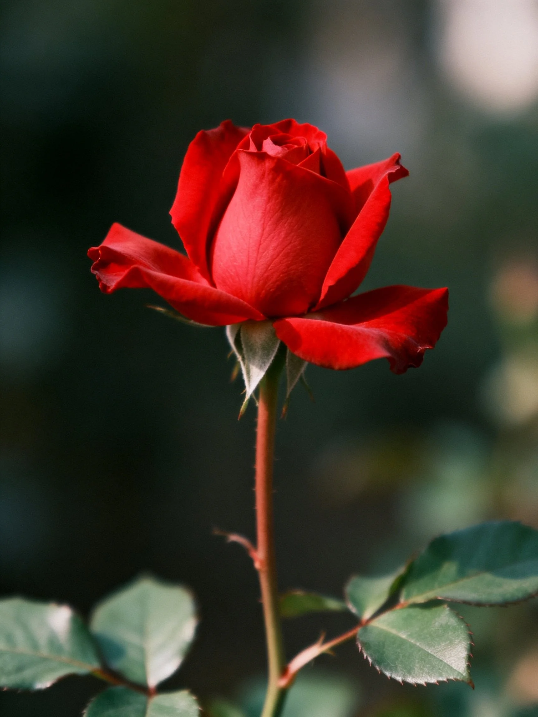 Vibrant red rose bud with green foliage