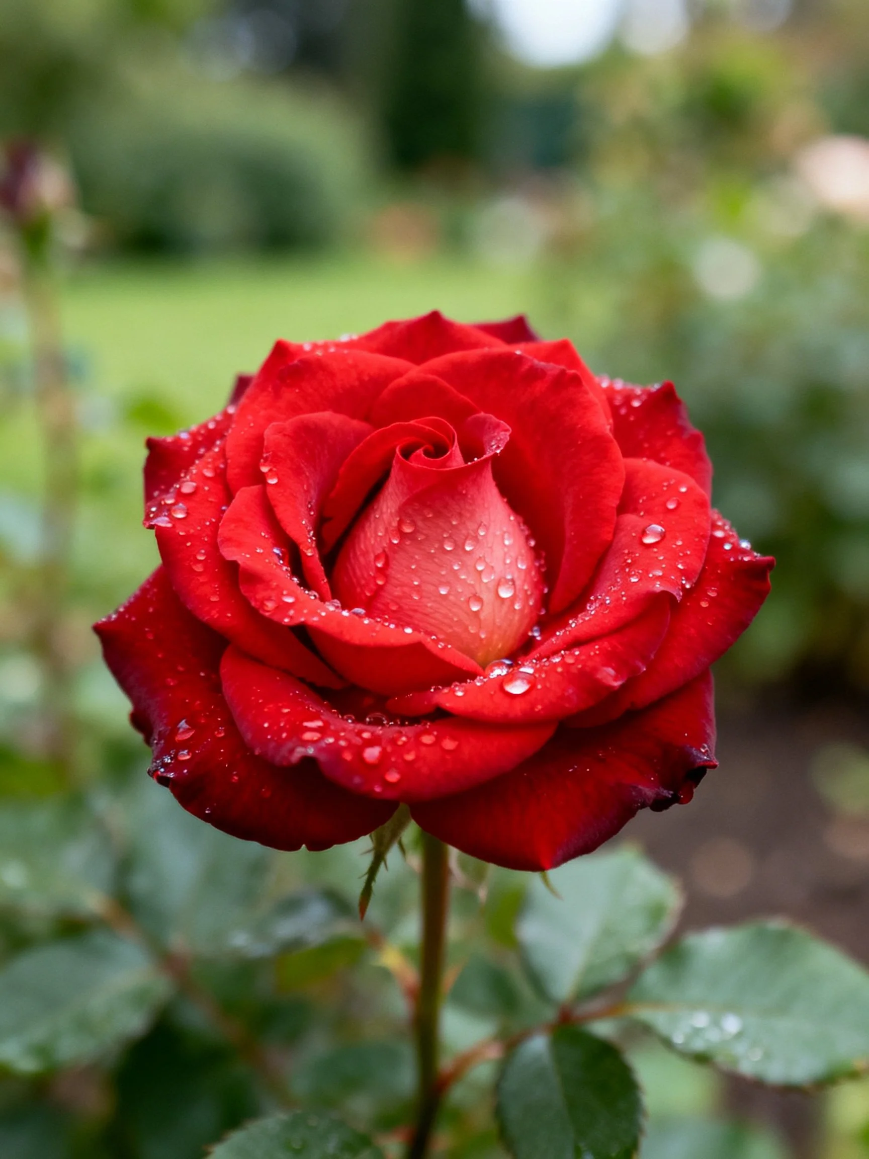 Vibrant red rose covered in glistening dewdrops