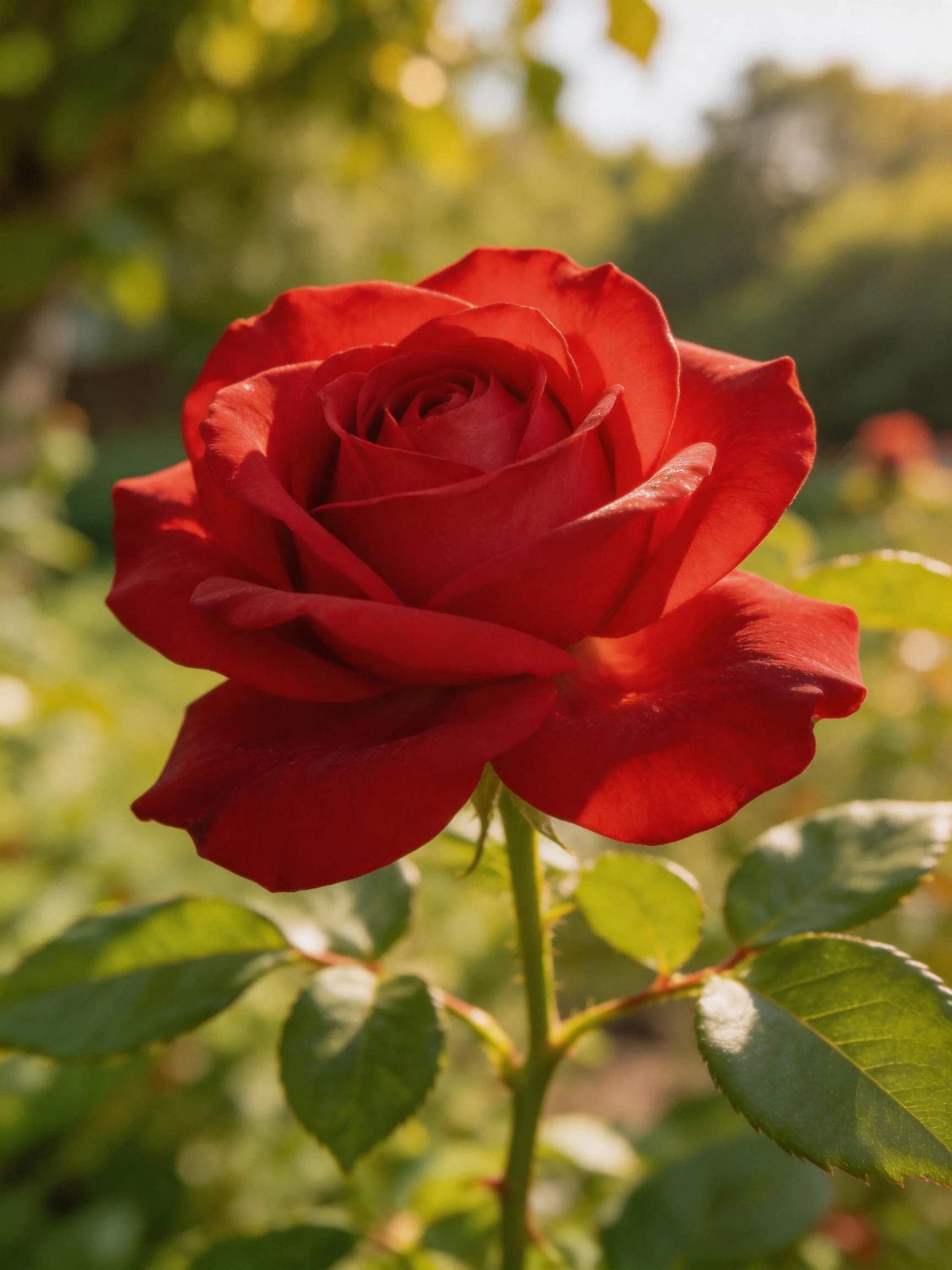 Vibrant red rose in full bloom with green foliage background