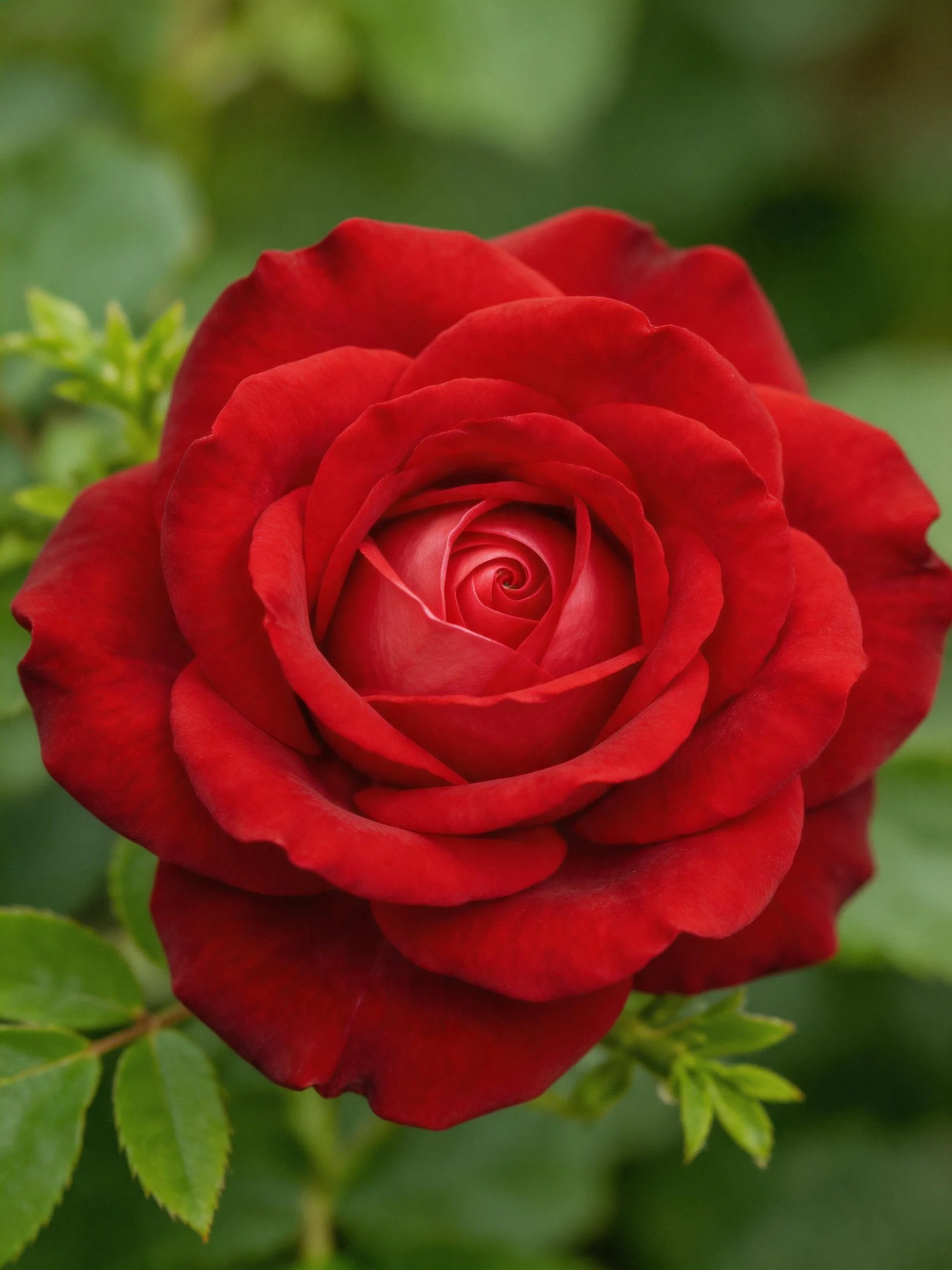Vibrant red rose in full bloom with lush green backdrop