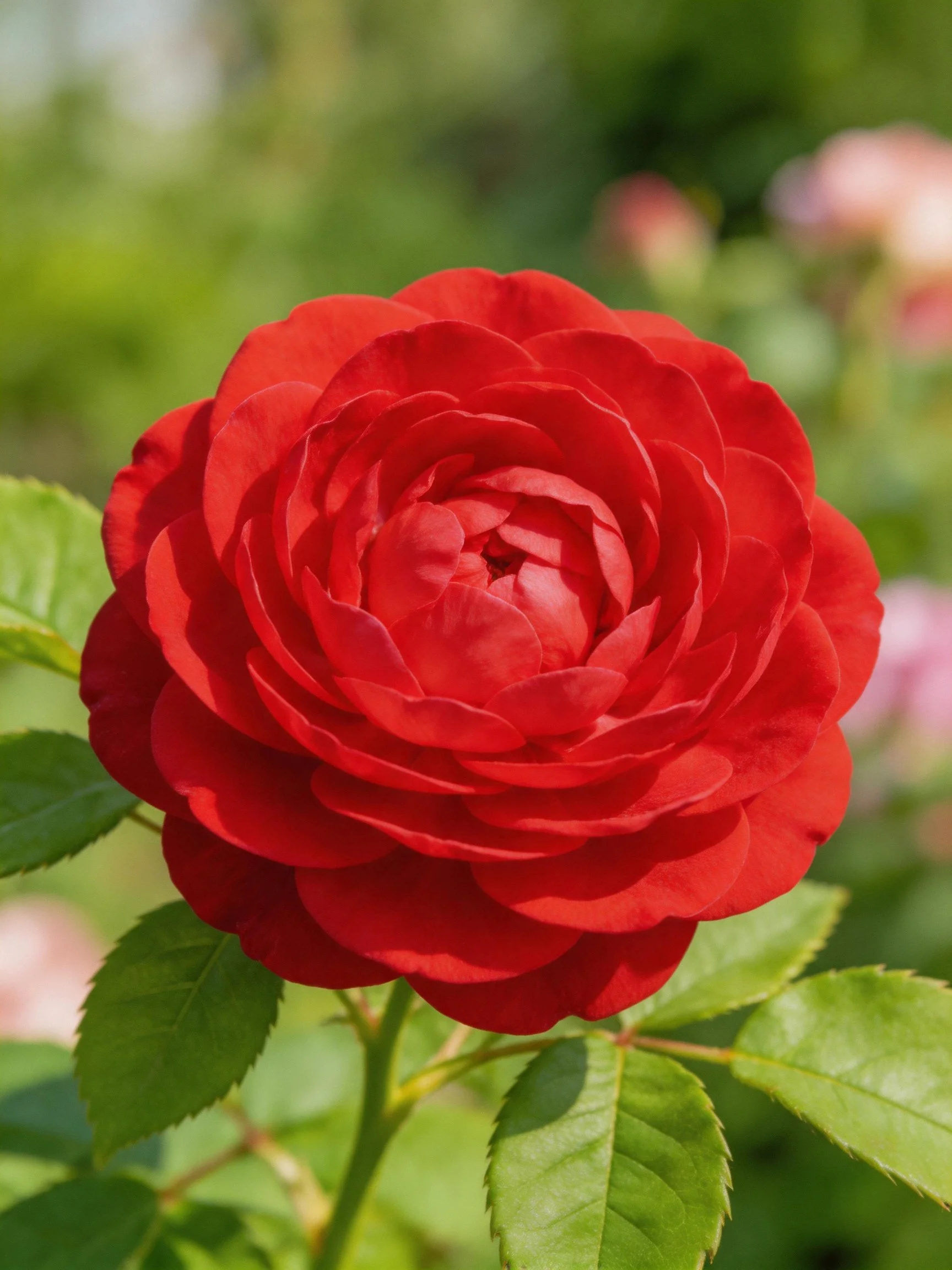 Vibrant red rose in full bloom with lush green leaves