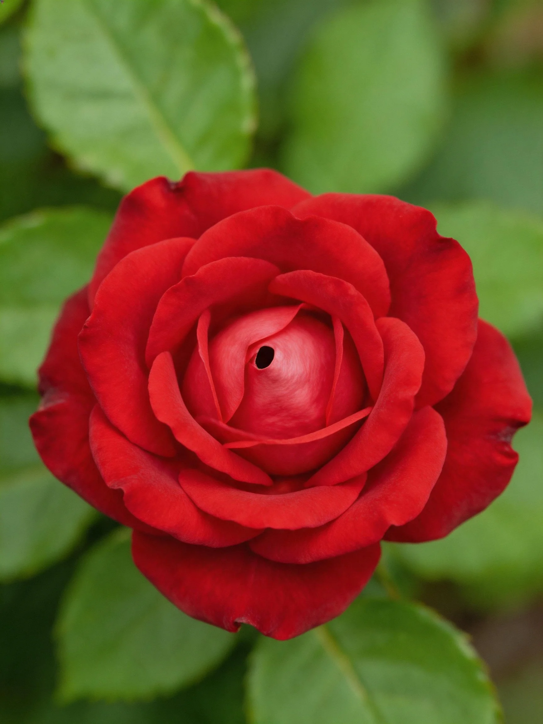 Vibrant red rose in full bloom with lush green leaves