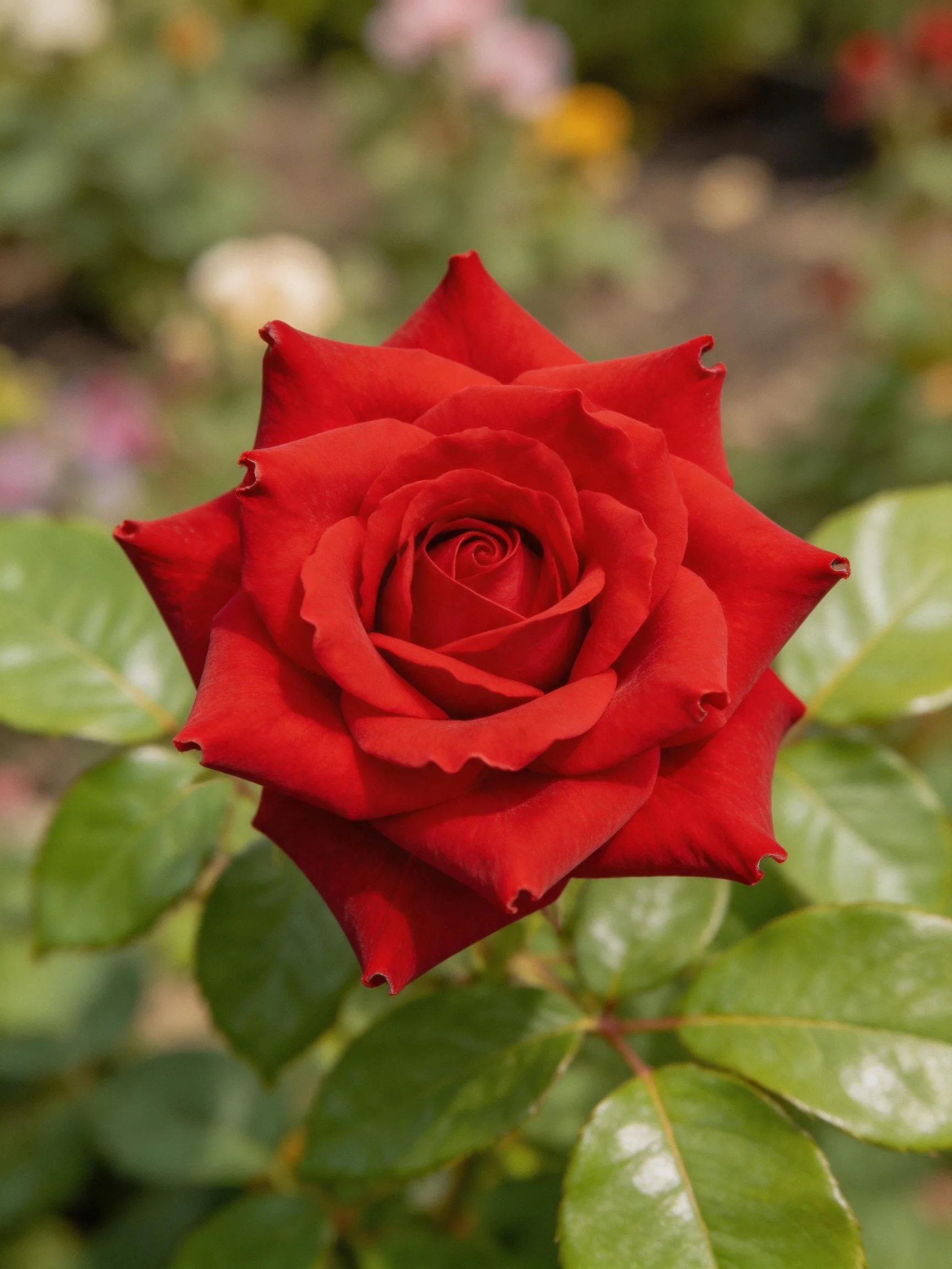Vibrant red rose surrounded by lush green foliage