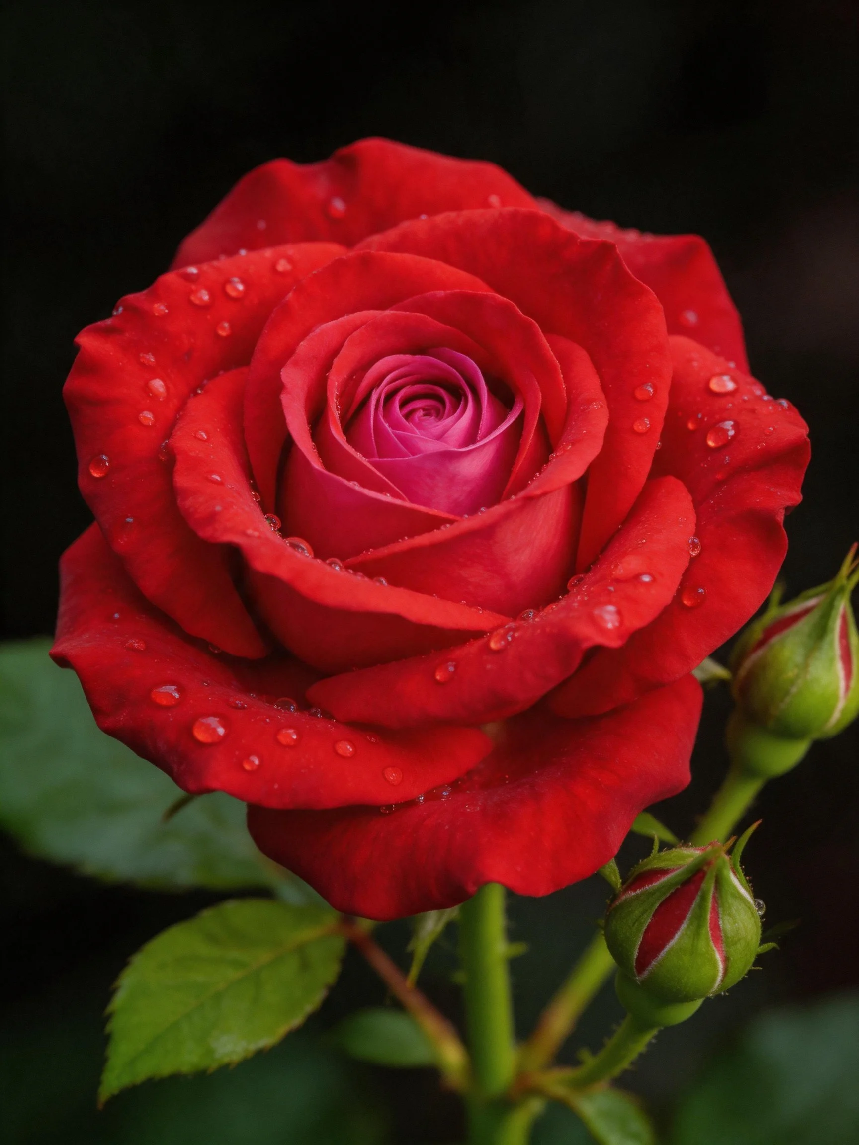 Vibrant red rose with dew drops and green buds